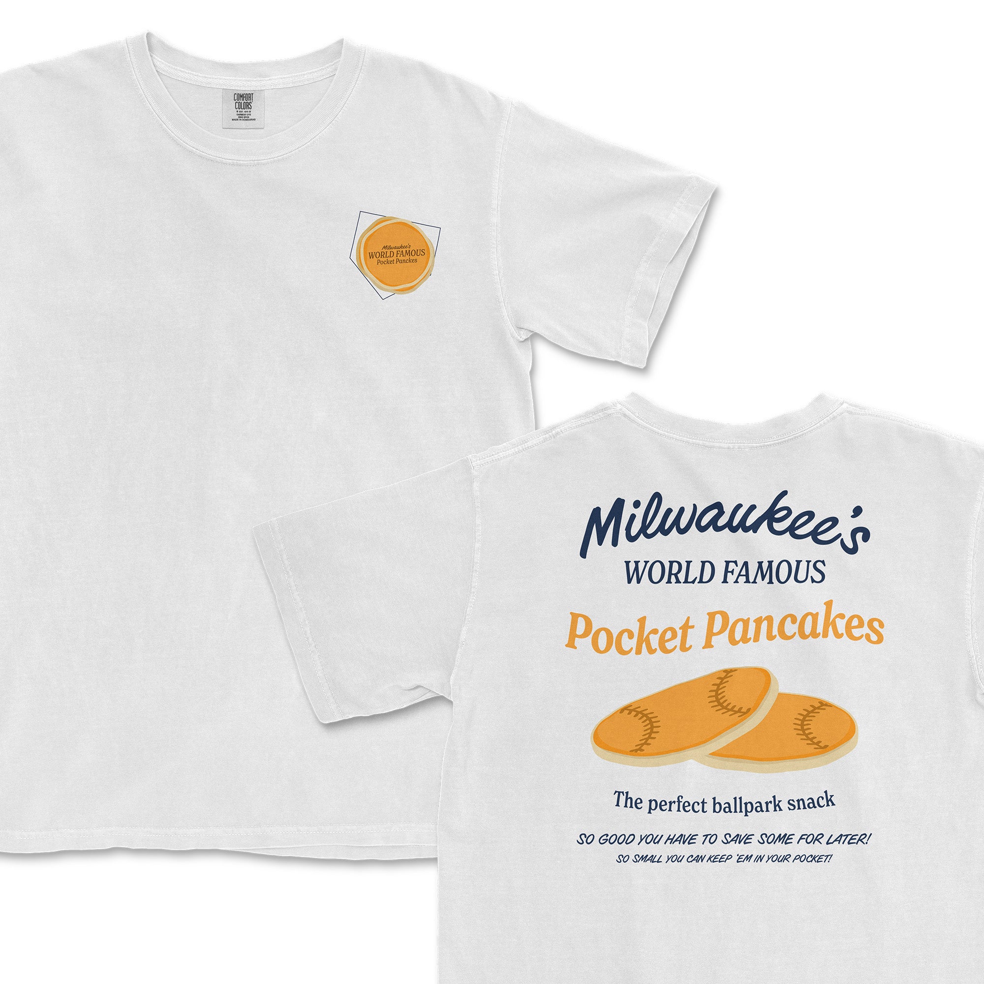 White t-shirt featuring "Milwaukee's World Famous Pocket Pancakes" graphic and baseball design on the back.