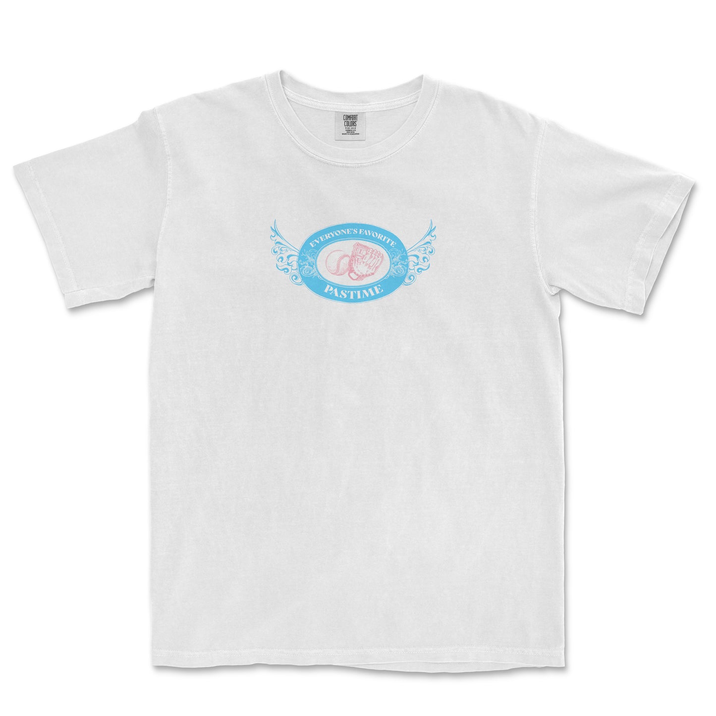 White Comfort Colors T-shirt featuring a blue and pink vintage-style "Everyone's Favorite Pastime" logo with a baseball glove graphic.