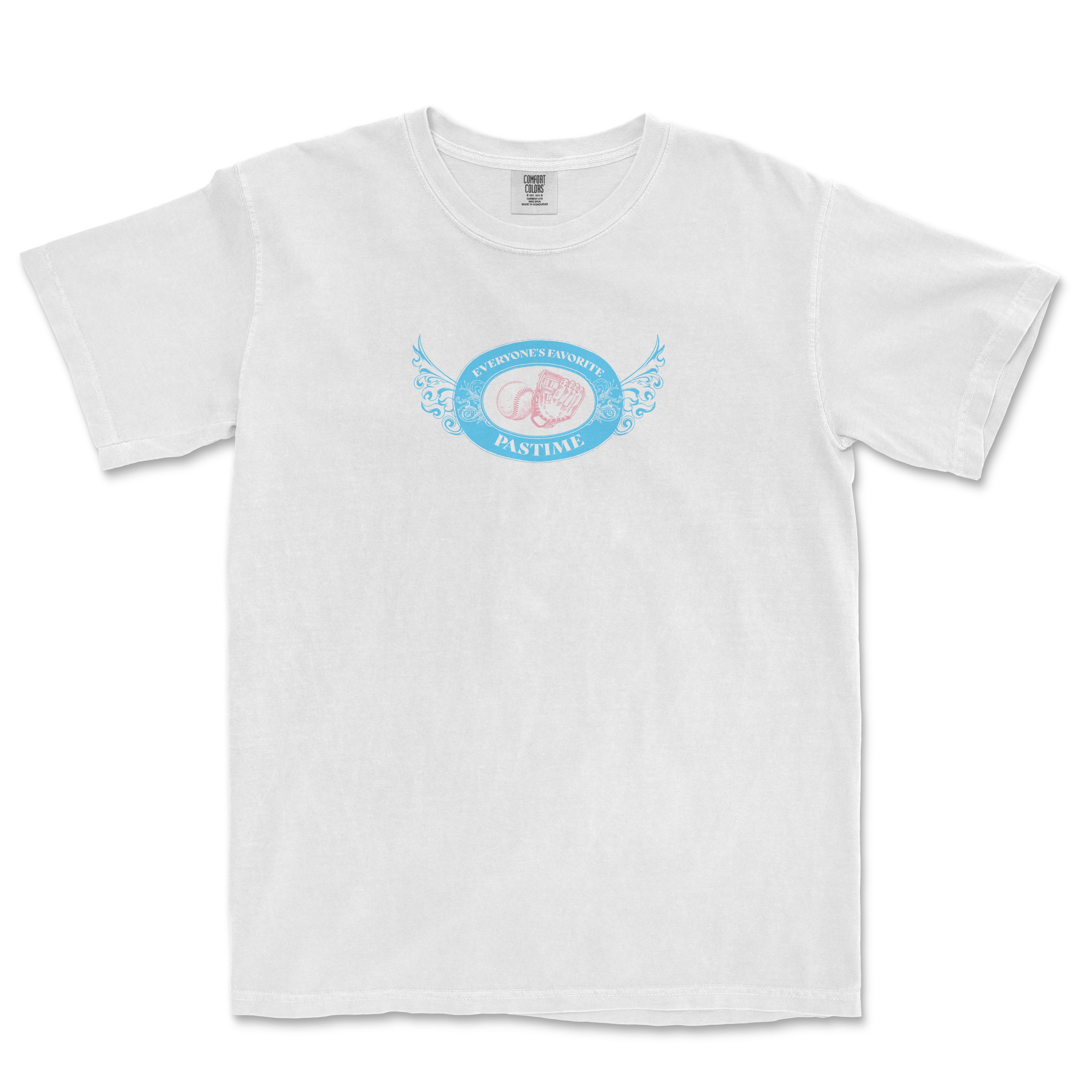 White Comfort Colors T-shirt featuring a blue and pink vintage-style "Everyone's Favorite Pastime" logo with a baseball glove graphic.