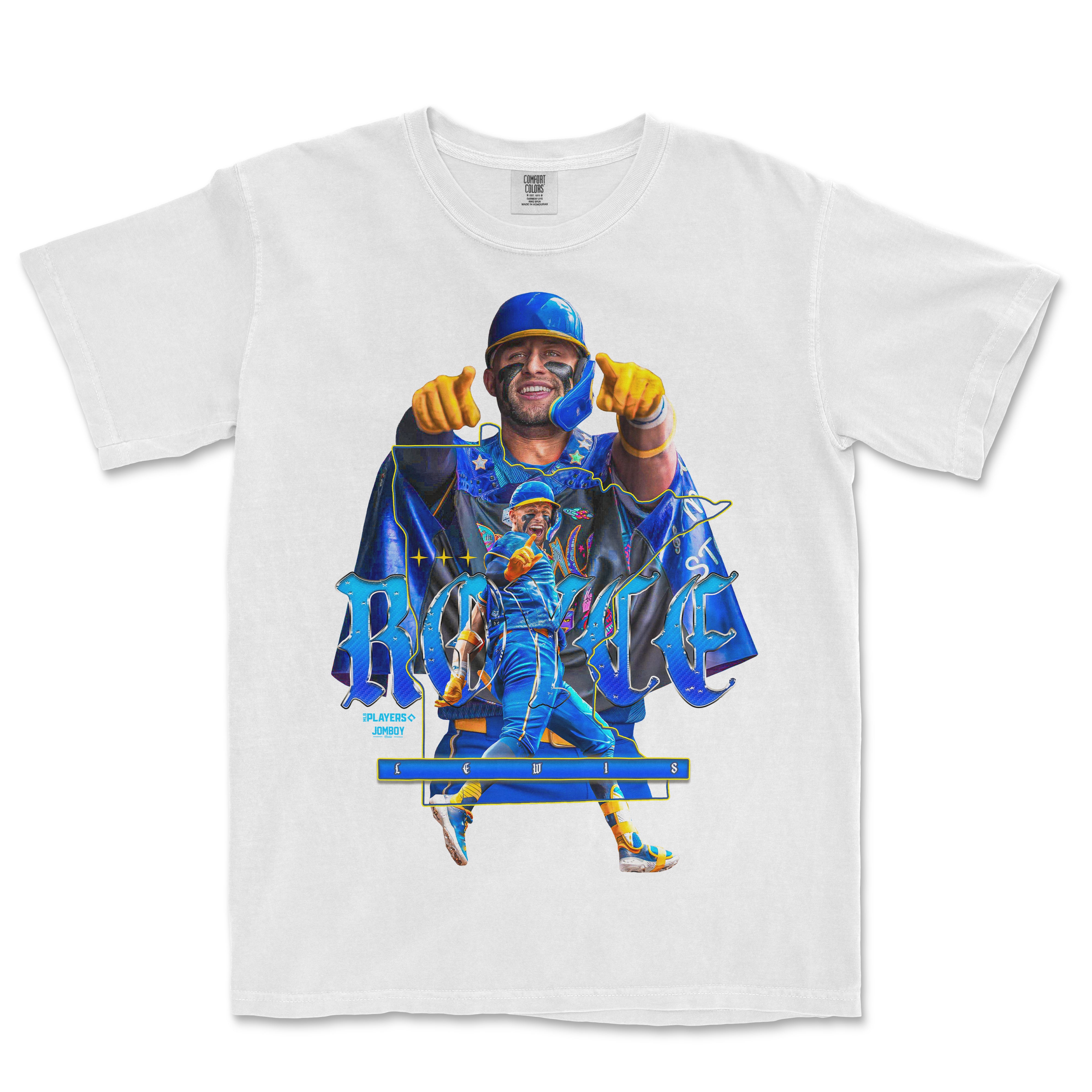 White T-shirt featuring a colorful graphic of Royce Lewis in a baseball uniform, with bold "ROYLE" text and playful design elements.