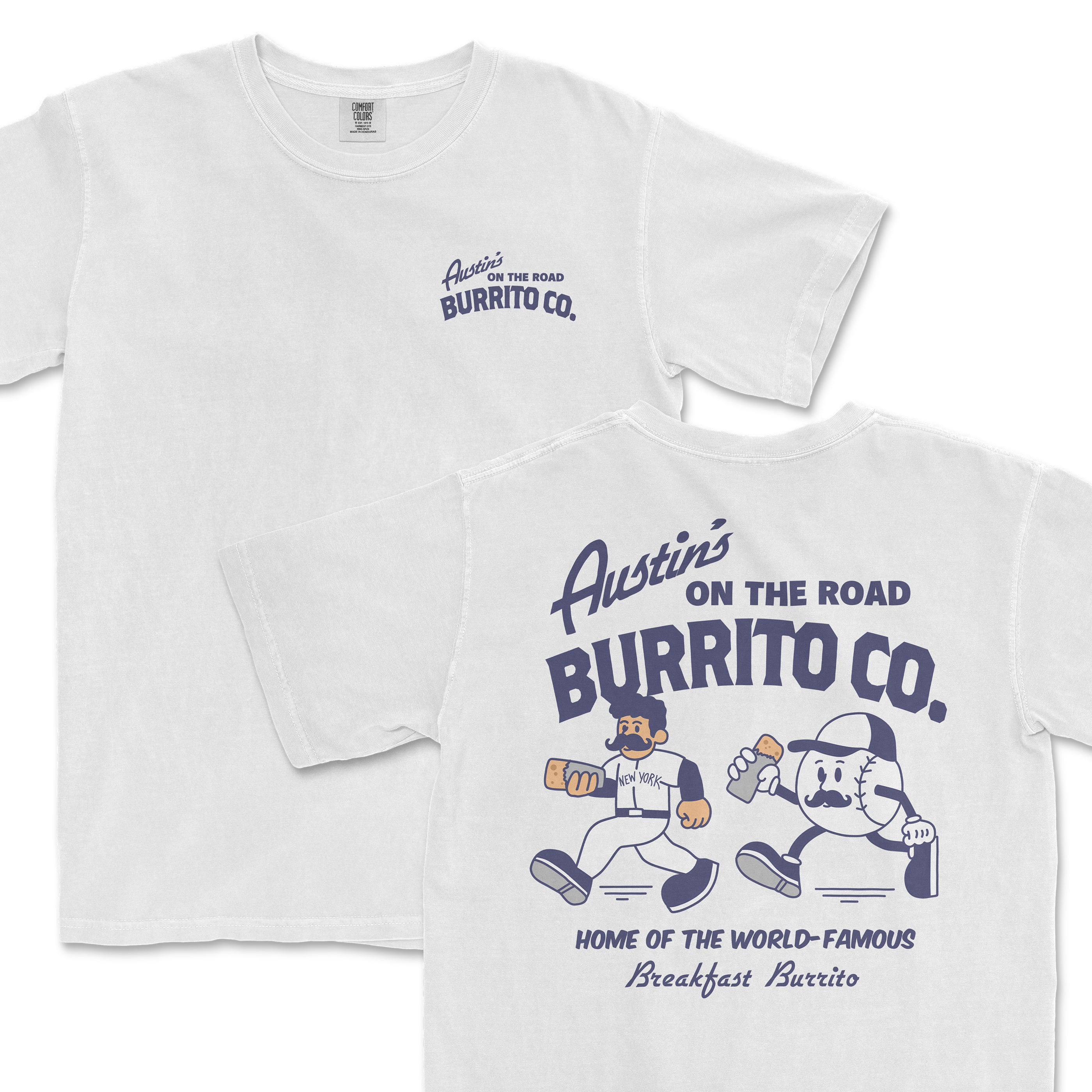 White Comfort Colors T-shirt featuring "Austin's On the Road Burrito Co." logo, cartoon characters, and text promoting breakfast burritos.