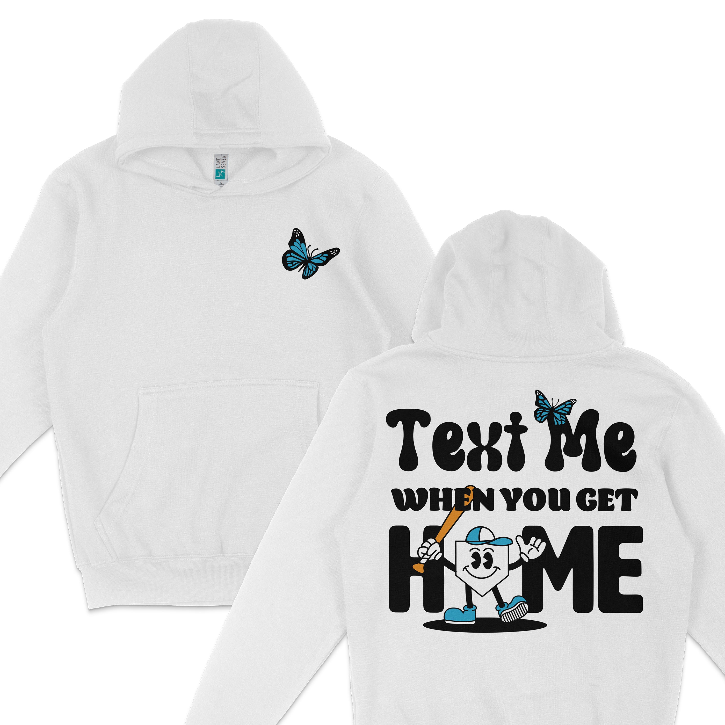White hoodie with a blue butterfly on the front and a playful graphic with text and a cartoon character on the back.