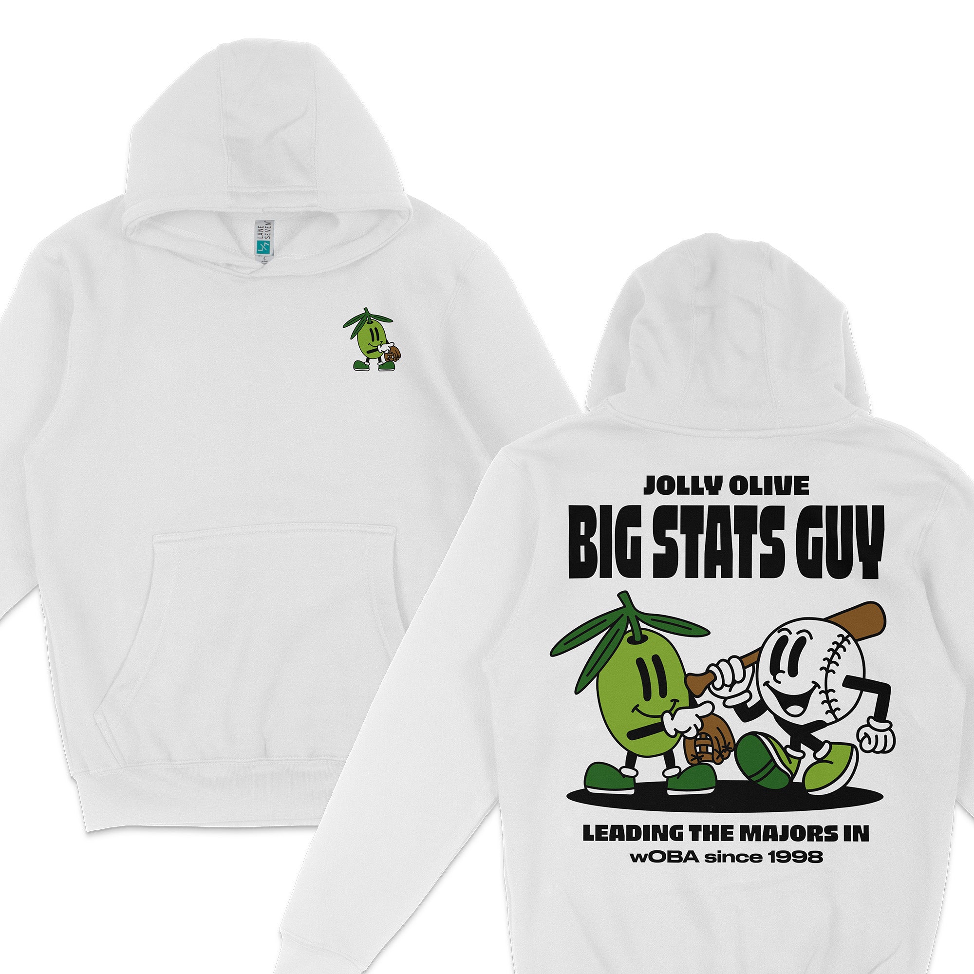 Big Stats Guy Hoodie from The Jolly Olives Collection featuring playful graphics and a cozy design for sports fans.