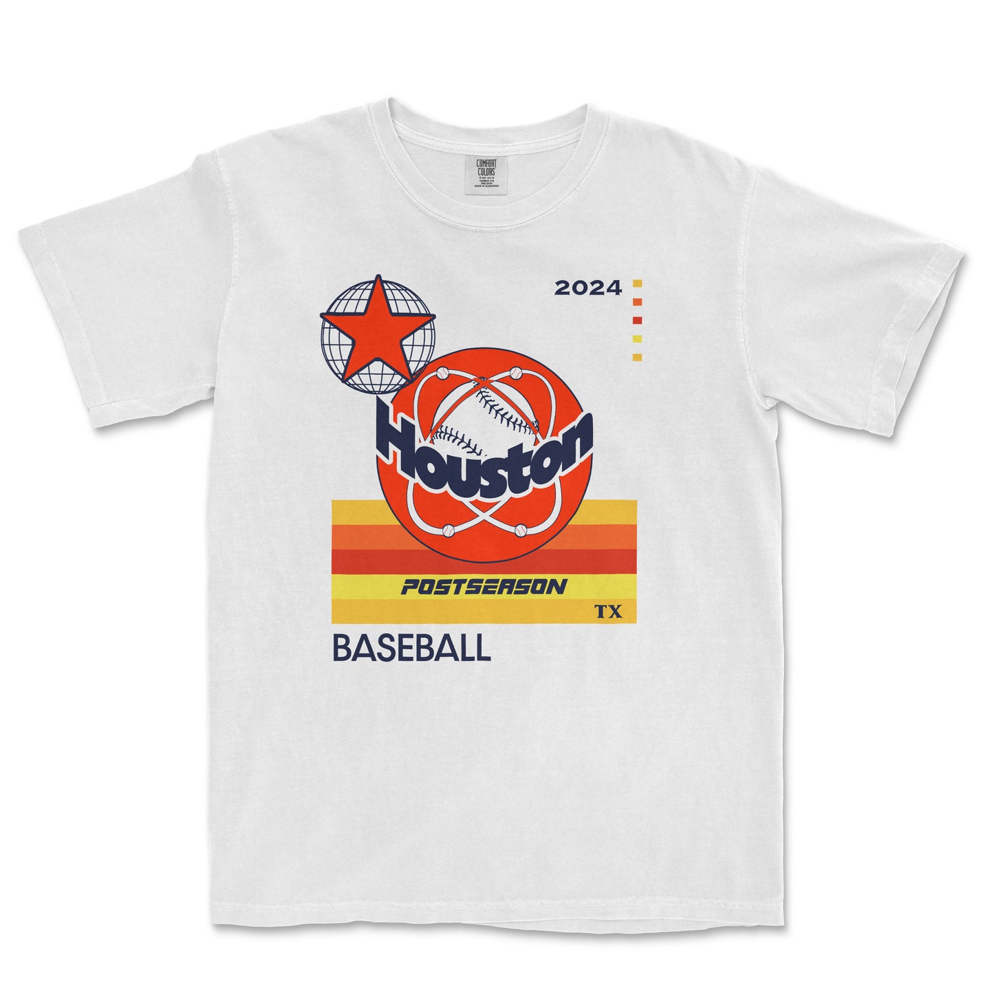 White Comfort Colors T-shirt featuring Houston Astros 2024 postseason baseball graphic with a star, baseball, and colorful stripes.