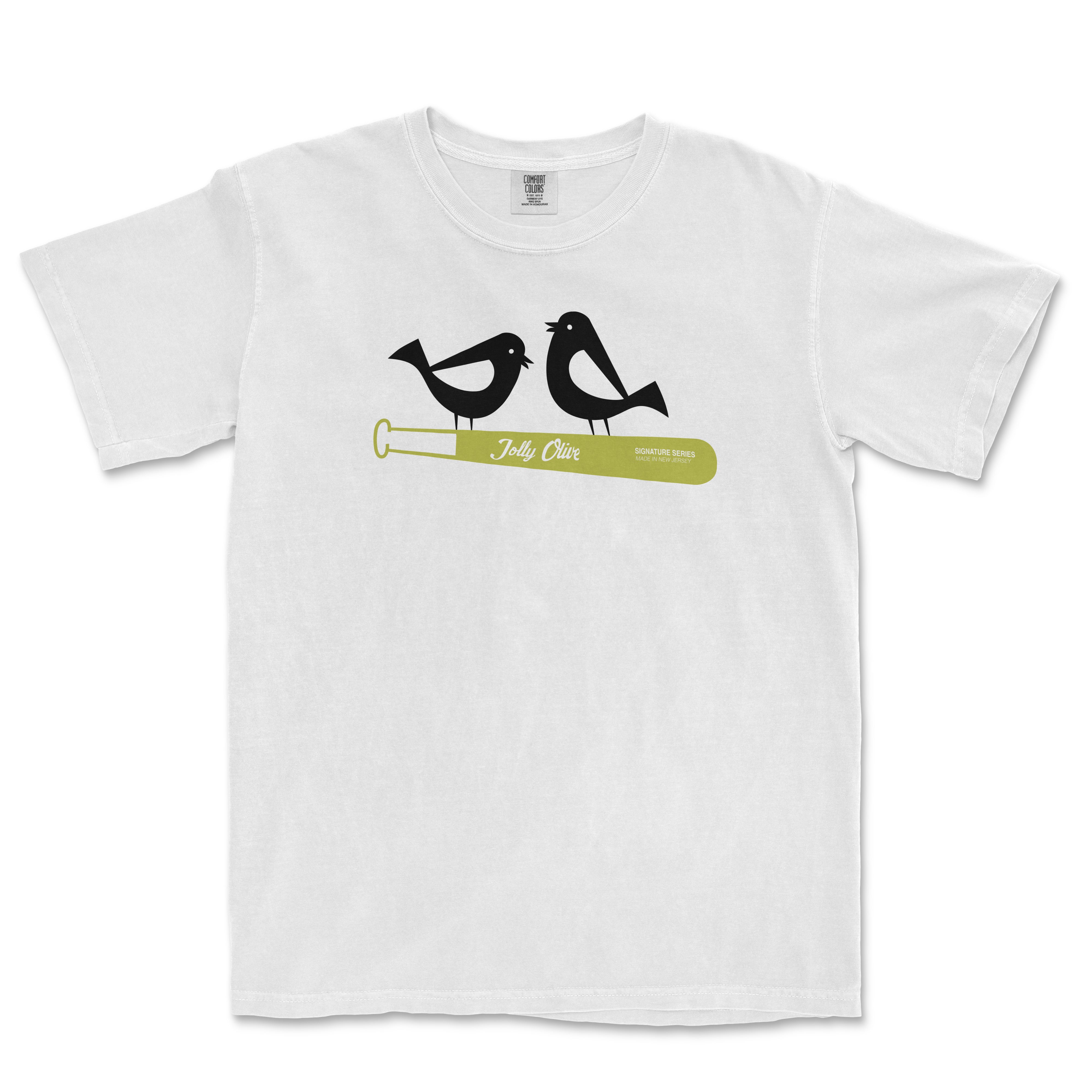 White t-shirt featuring two stylized black birds and a green bat with "Jolly Olive" text, part of the Jolly Birds collection.