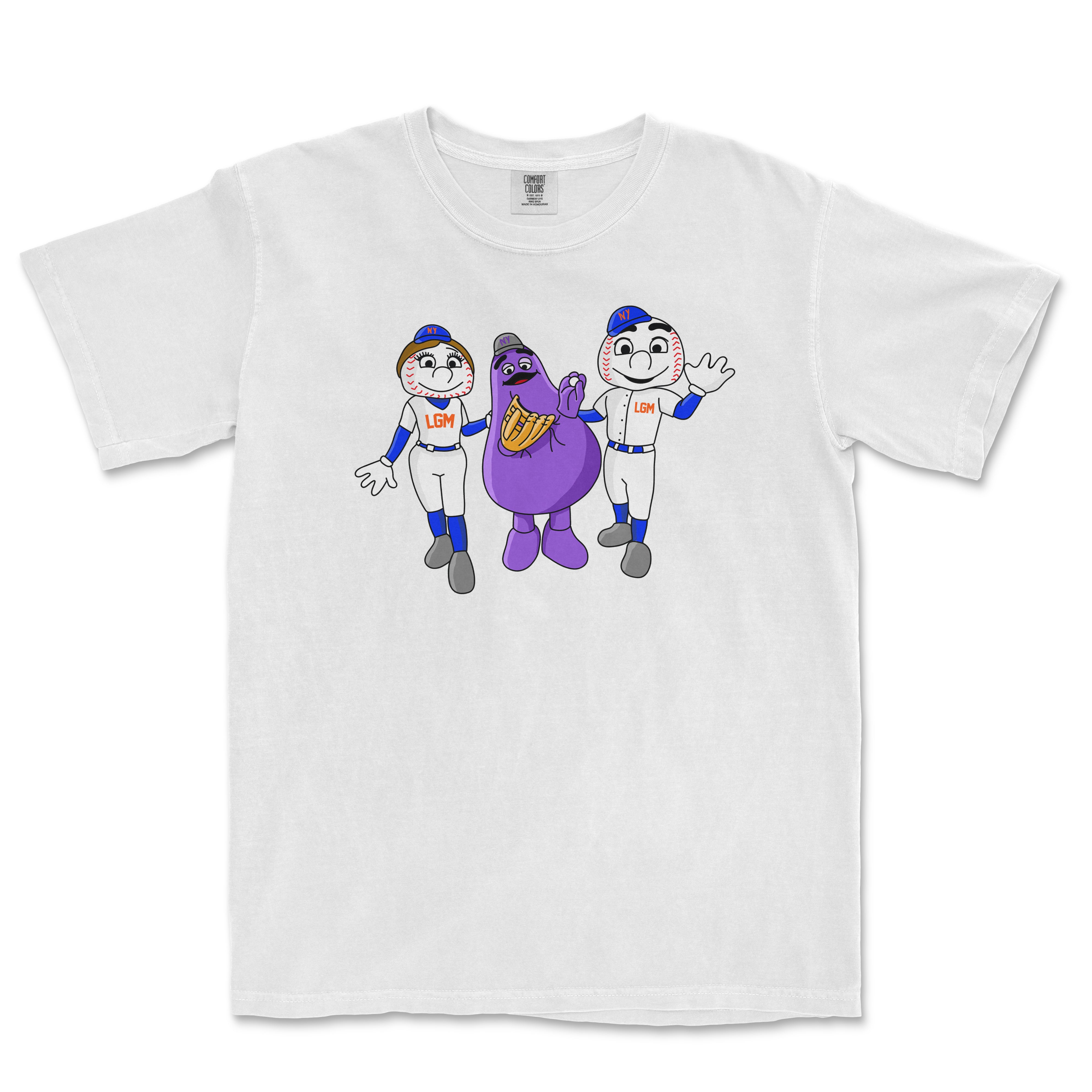 White Comfort Colors T-shirt featuring cartoon characters of a baseball player, a purple mascot, and a second baseball player, all smiling and posing together.