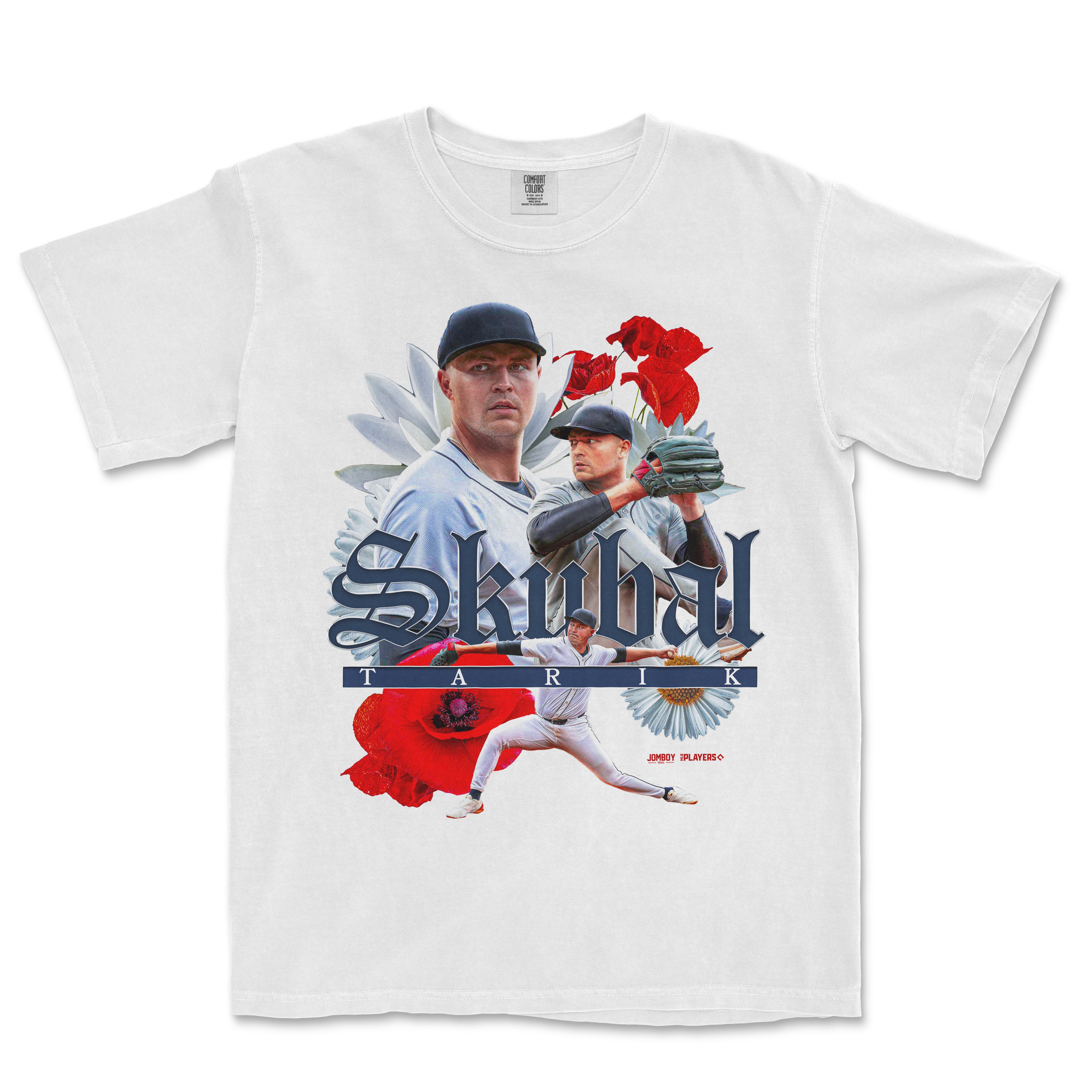White T-shirt featuring a collage of baseball players, flowers, and the text "Skubal" in bold, stylized font.