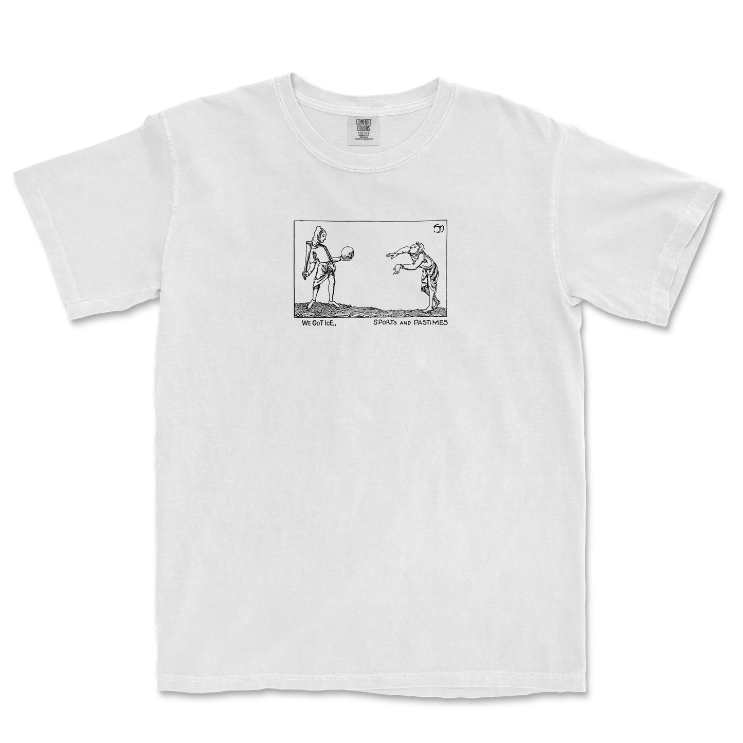 White T-shirt featuring a black line drawing of two medieval figures playing ice sports, with the caption "We got ice, sports and pastimes.