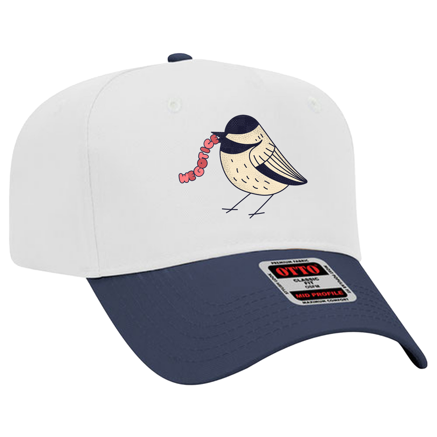 White and navy baseball cap featuring a cartoon bird holding a worm with the word "WEGOTIC" in pink letters.