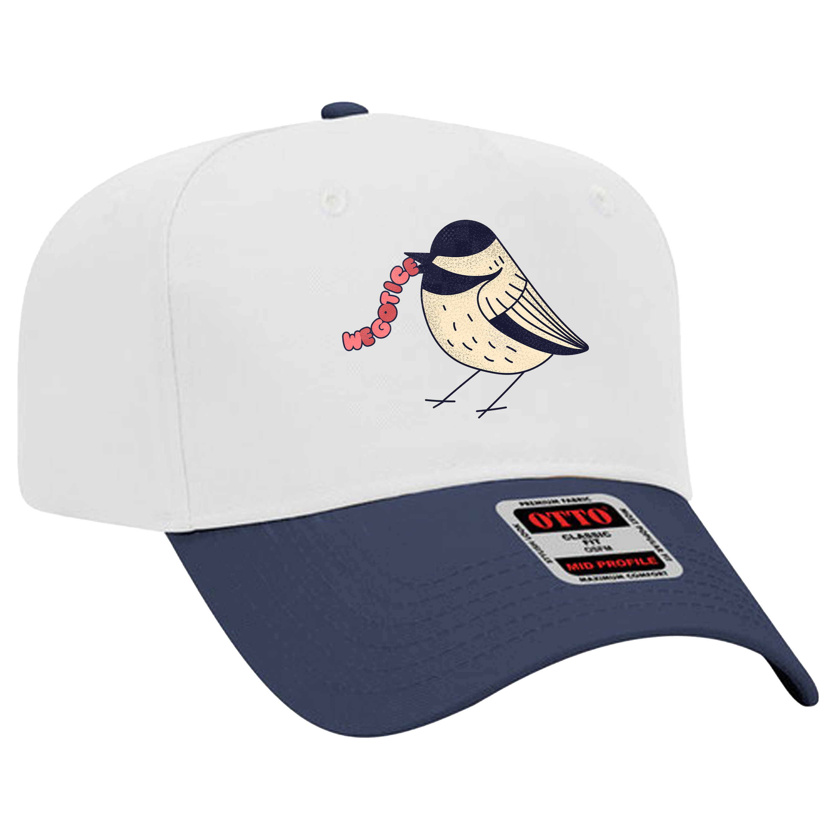 White and navy baseball cap featuring a cartoon bird holding a worm with the word "WEGOTIC" in pink letters.