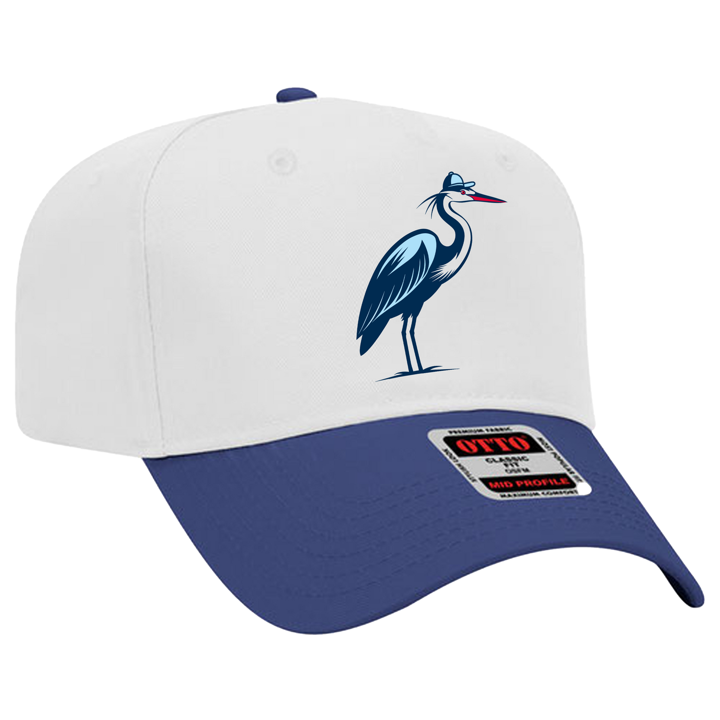 White and blue baseball cap featuring a blue heron graphic wearing a hat on the front.