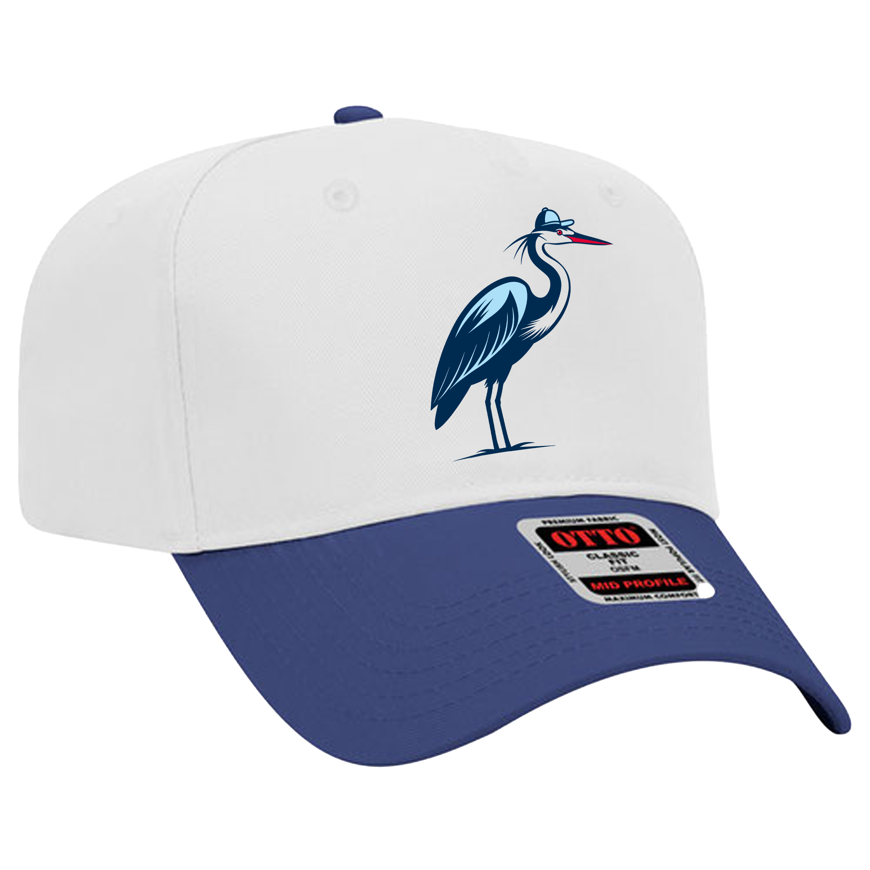White and blue baseball cap featuring a blue heron graphic wearing a hat on the front.