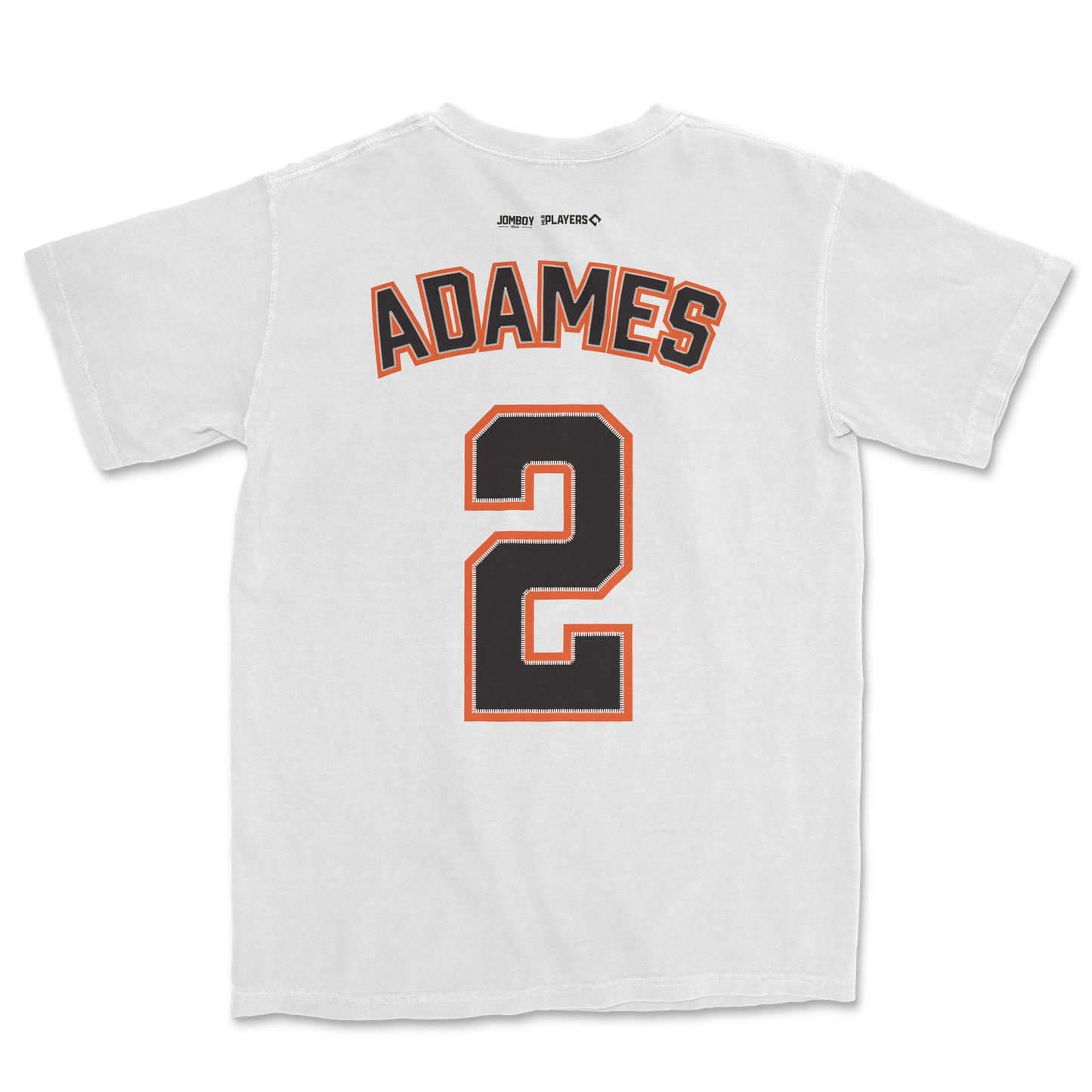 White Willy Adames shirsey with black and orange lettering, displaying the name "ADAMES" and the number "2" on the back.