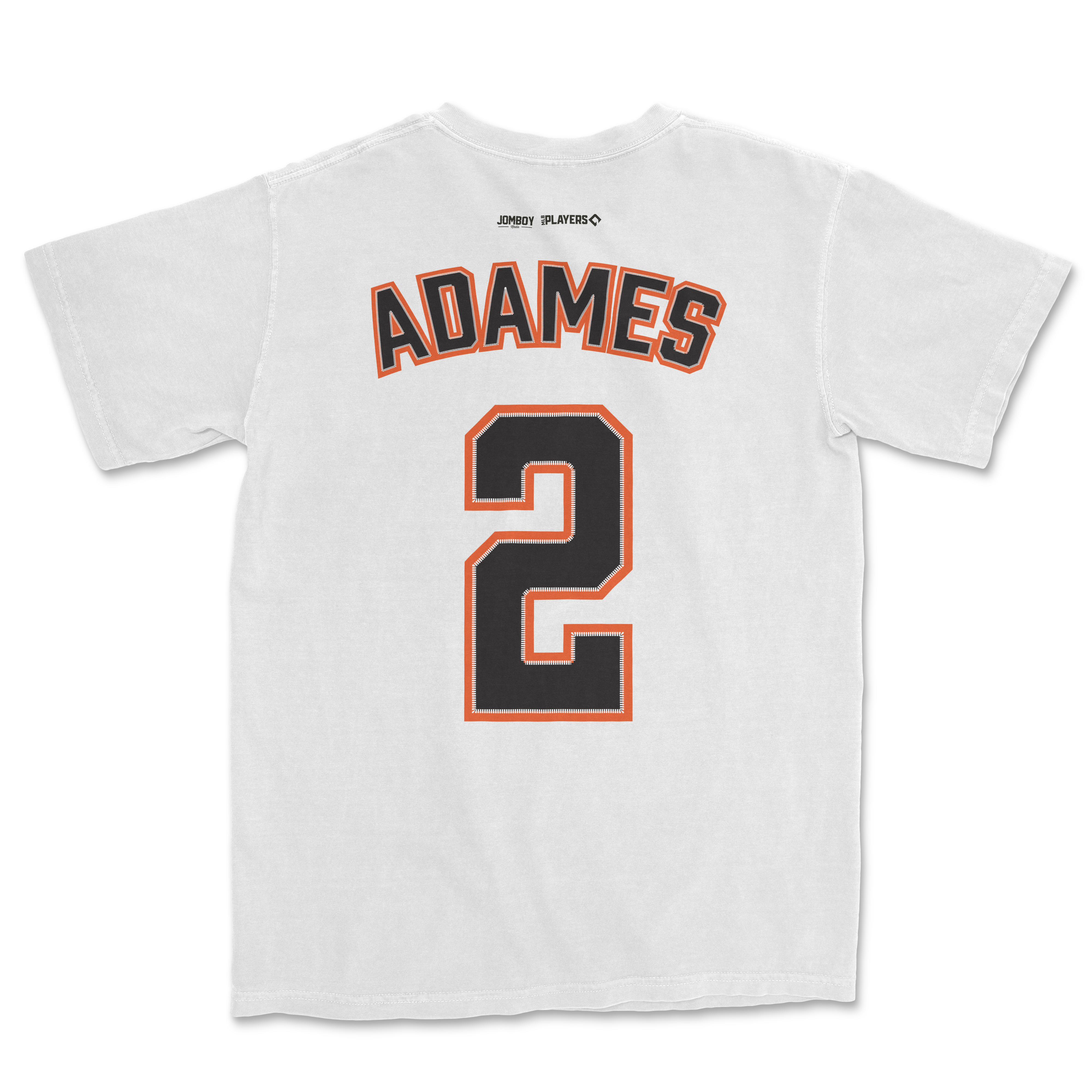 White Willy Adames shirsey with black and orange lettering, displaying the name "ADAMES" and the number "2" on the back.
