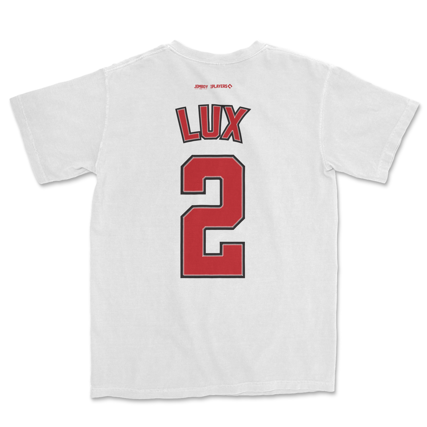 White Comfort Colors tee featuring Gavin Lux's name and number 2 in red with black outline on the back.