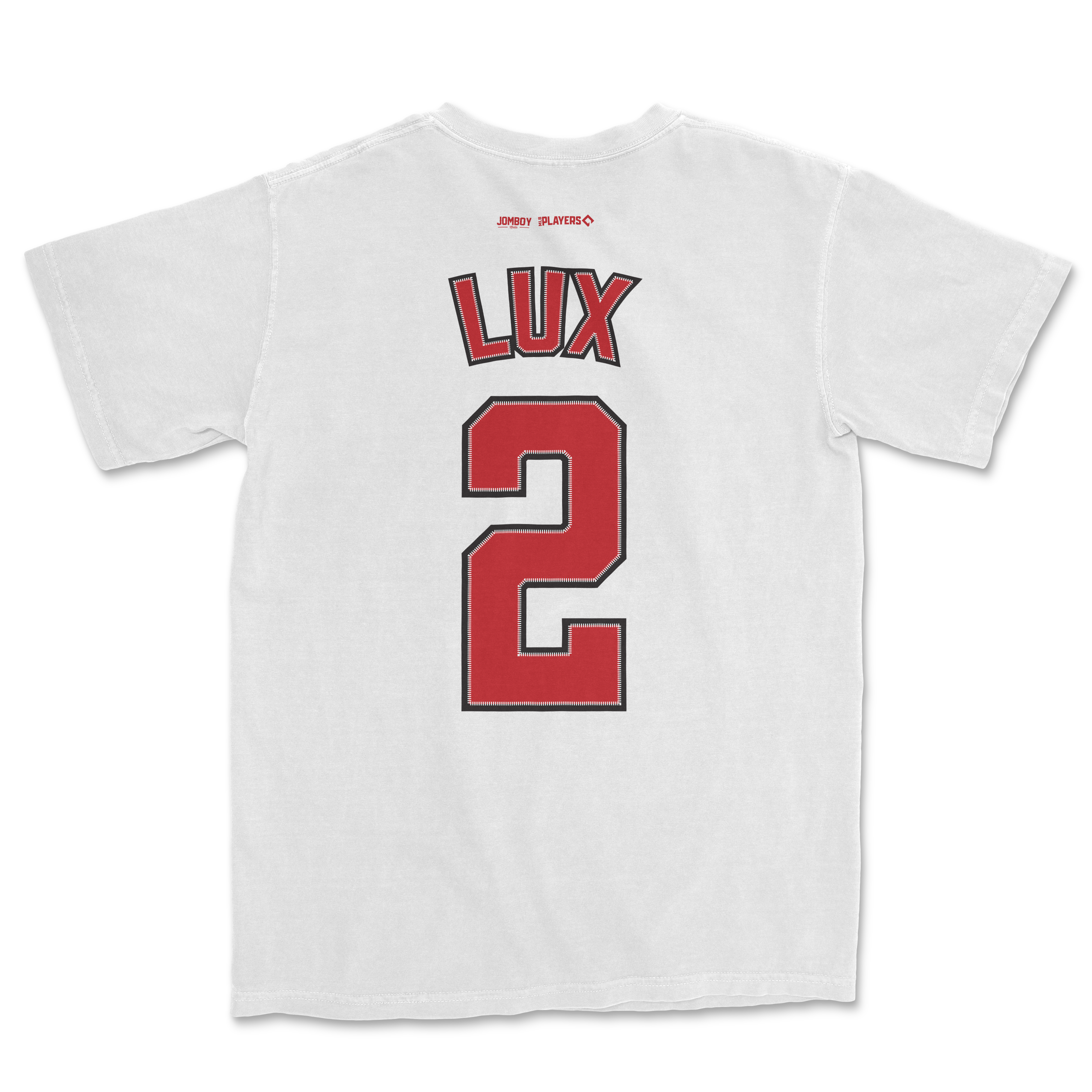White Comfort Colors tee featuring Gavin Lux's name and number 2 in red with black outline on the back.