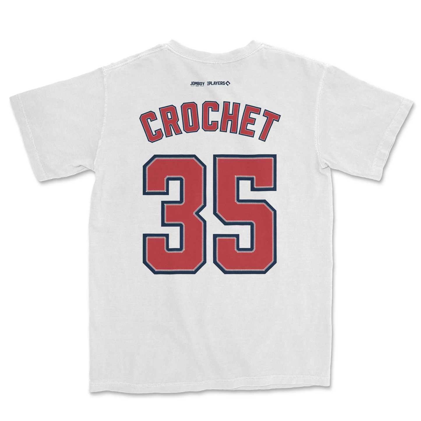 White Comfort Colors tee featuring "Crochet" text and the number 35 in red with navy outline, designed for sports or casual wear.