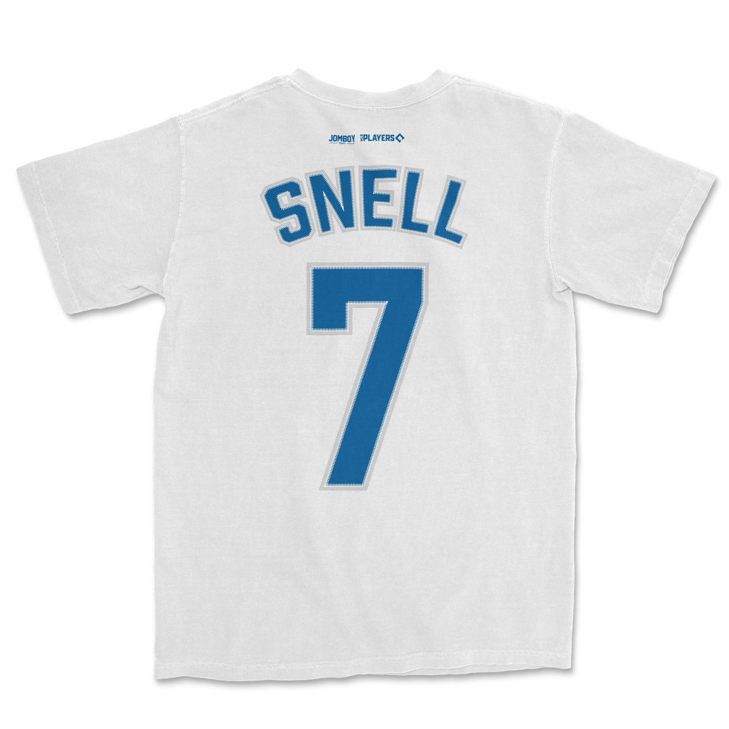 White Comfort Colors tee featuring "Snell" and the number 7 in blue, with small logos above the name.