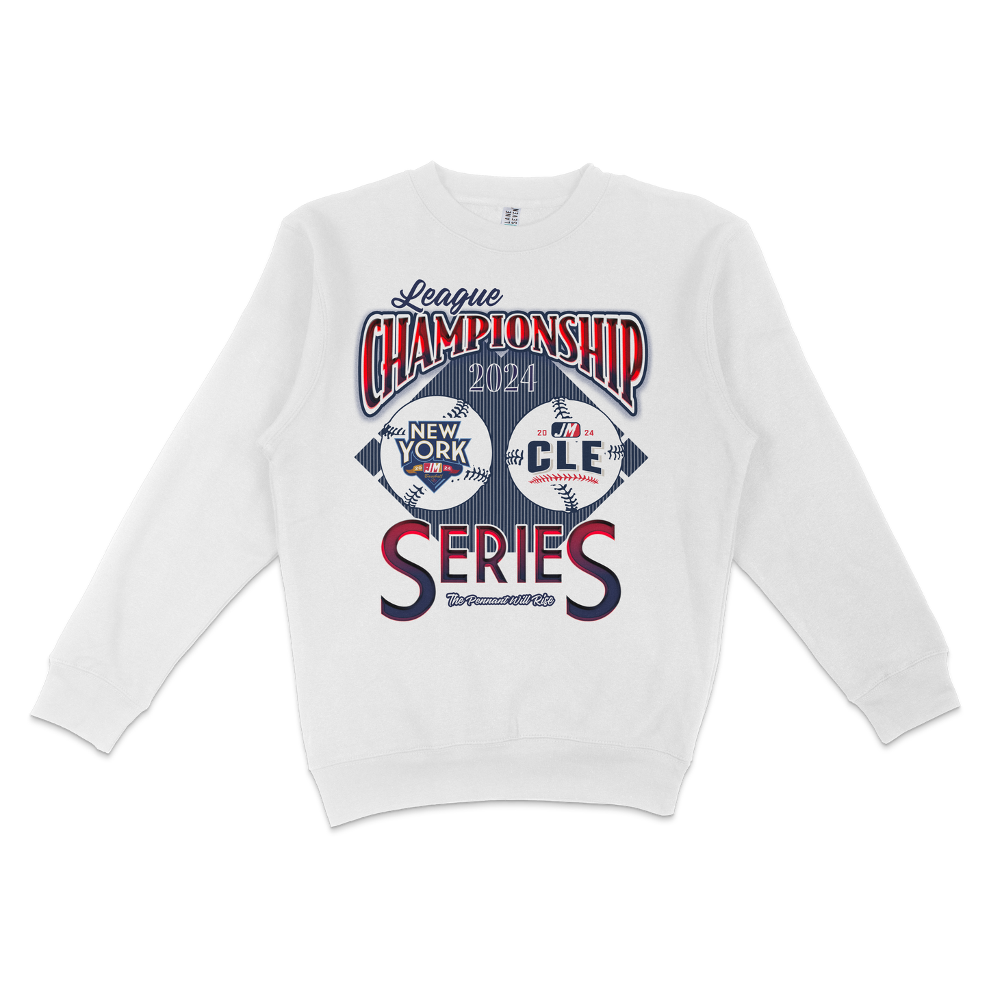 White crewneck sweatshirt featuring colorful "ALCS '24" baseball series graphic with team logos, "Championship" text, and decorative details.