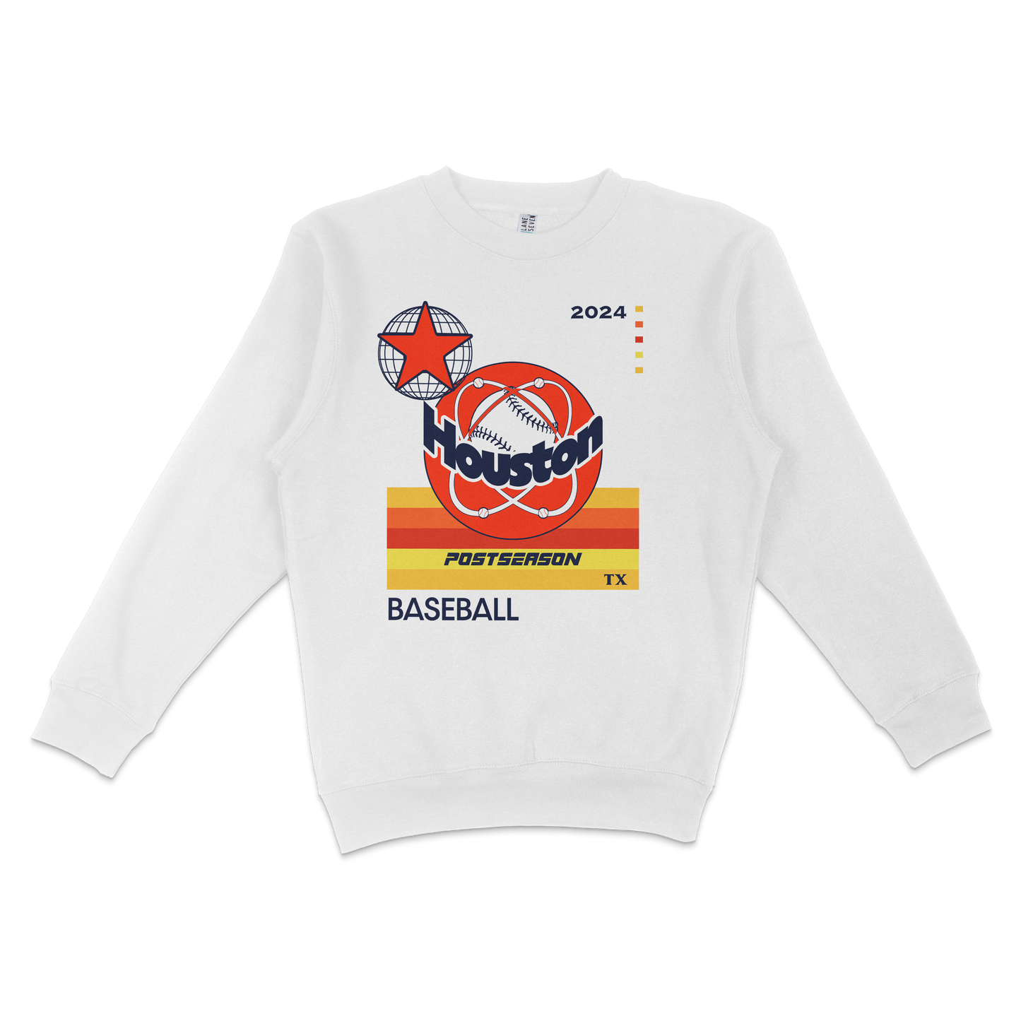 White crewneck sweatshirt featuring a Houston Astros 2024 postseason baseball graphic with colorful design elements.