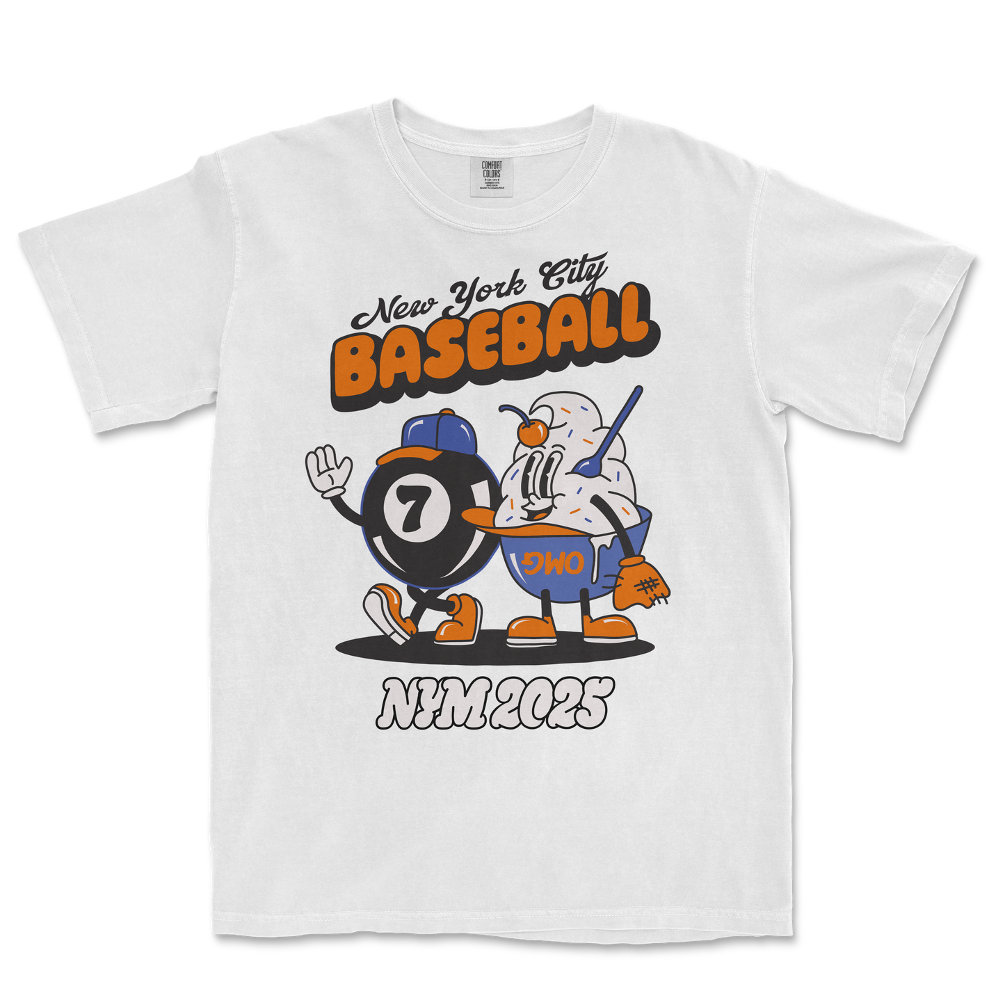 White Comfort Colors T-shirt featuring a cartoon baseball and magic 8 ball character with "New York City Baseball" text and "2023" at the bottom.