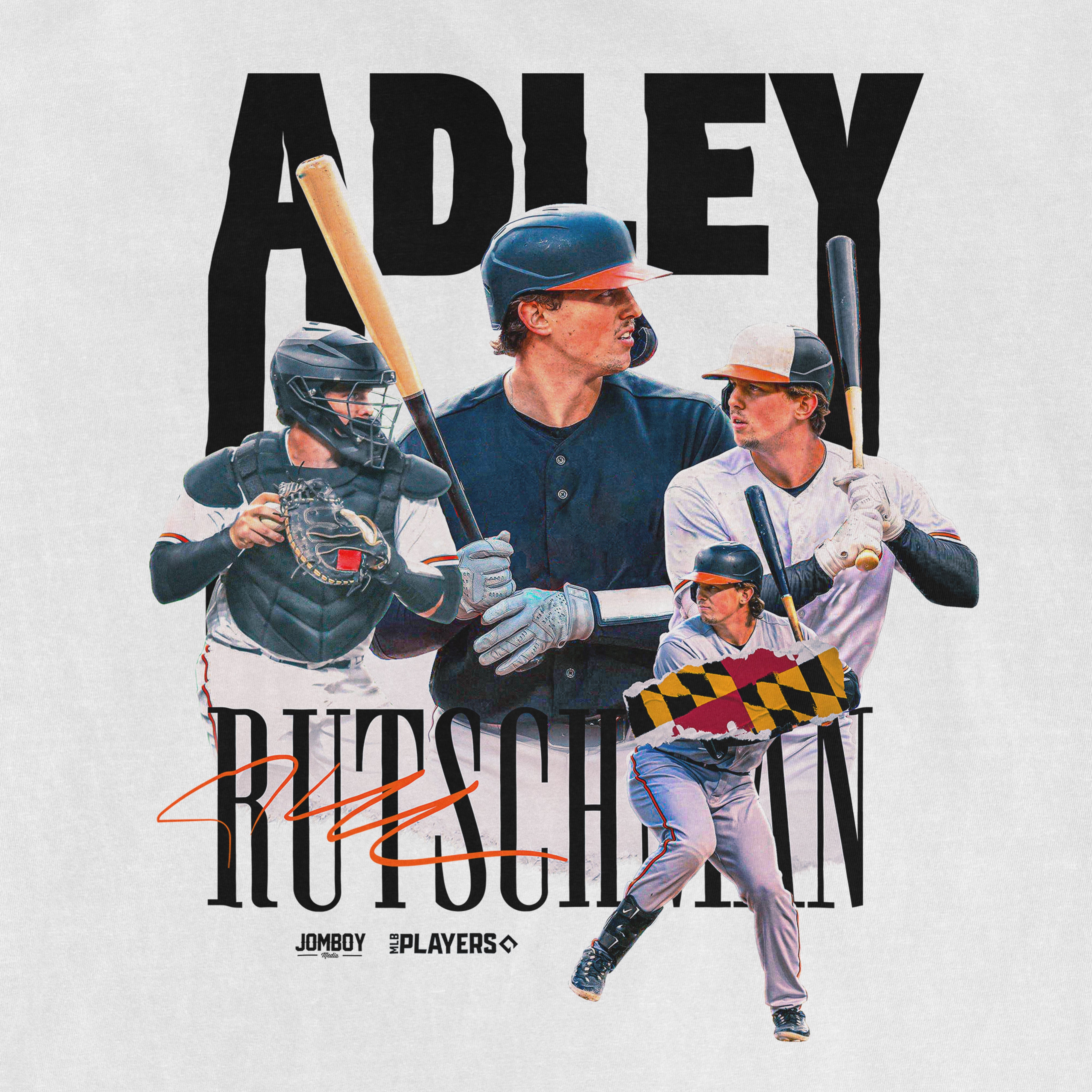 Adley Rutschman Signature Series Comfort Colors T-shirt featuring multiple images of him in baseball action and text design.