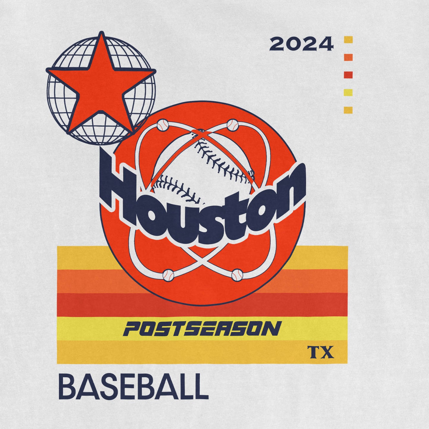 Comfort Colors Houston baseball postseason T-shirt design featuring a baseball, star, and vibrant orange, yellow, and navy colors.