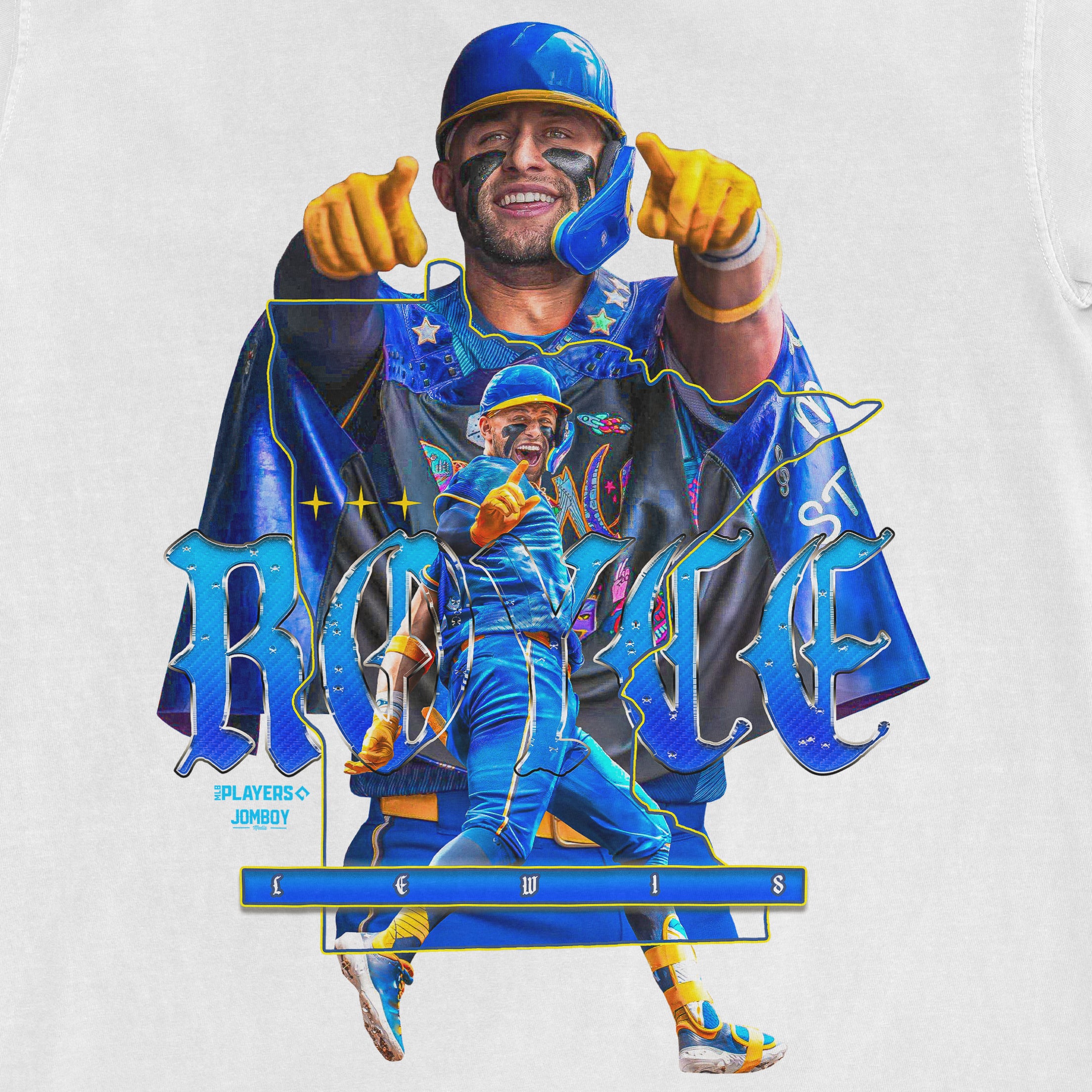Colorful graphic design featuring Royce Lewis in a baseball uniform, with dynamic text and illustrations celebrating his athletic achievements.