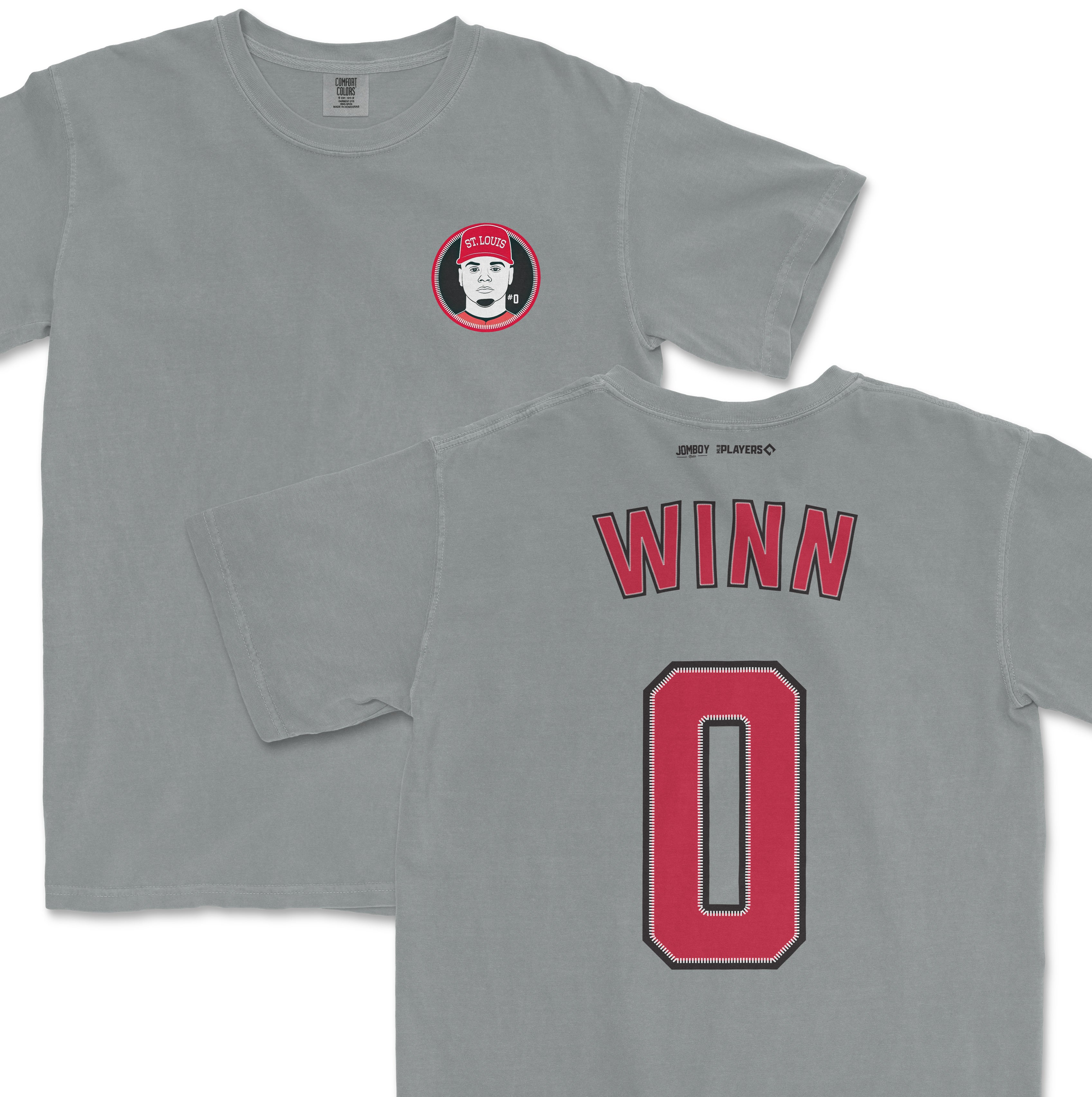 Gray Comfort Colors t-shirt featuring a Masyn Winn St. Louis baseball team design with Winn's name and number on the back.