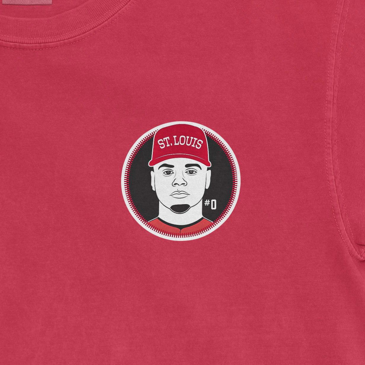Masyn Winn St. Louis baseball shirsey graphic on a Comfort Colors tee in red, featuring a stylized portrait and team details.