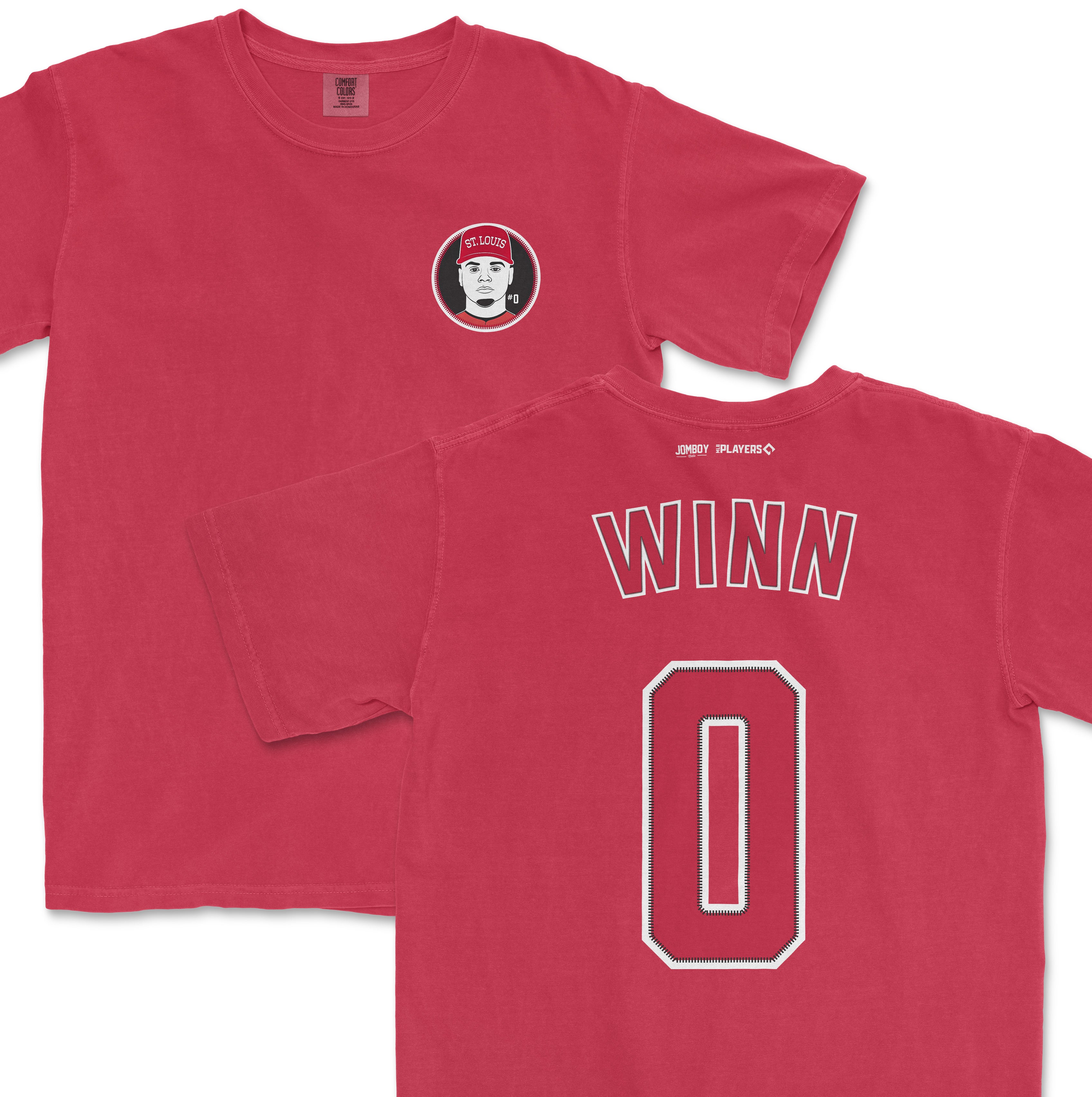 Red Comfort Colors tee featuring Masyn Winn's name and number on the back, with a St. Louis-themed graphic on the front.