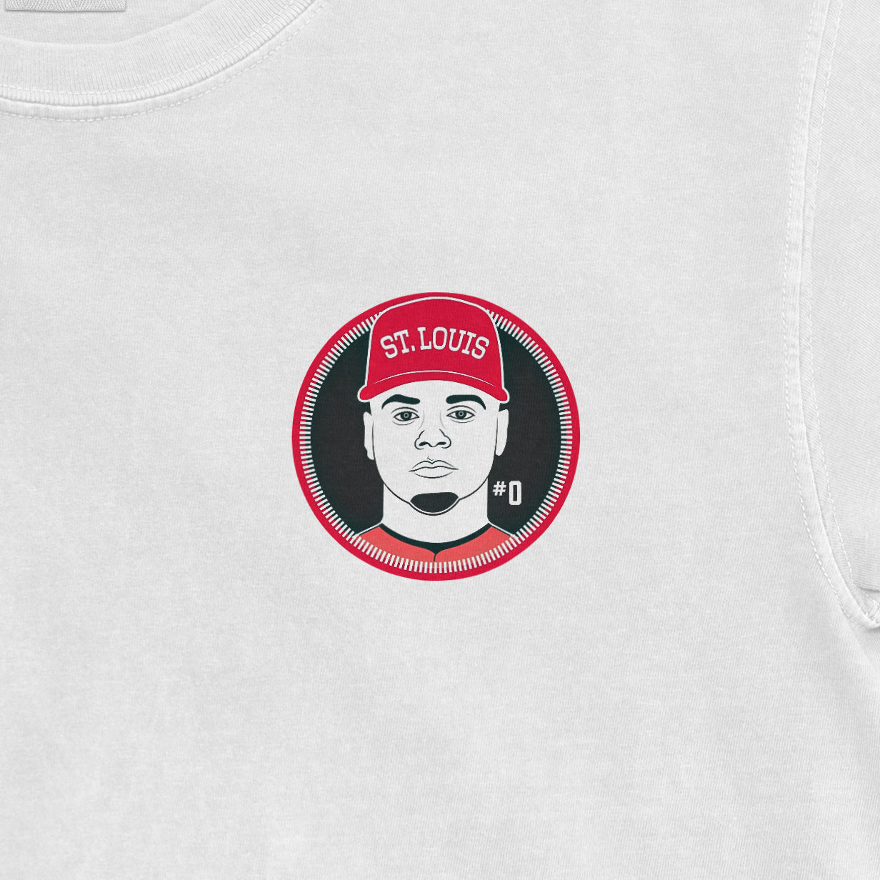 Masyn Winn St. Louis baseball-themed graphic on a Comfort Colors tee, featuring a stylized portrait with a red cap.