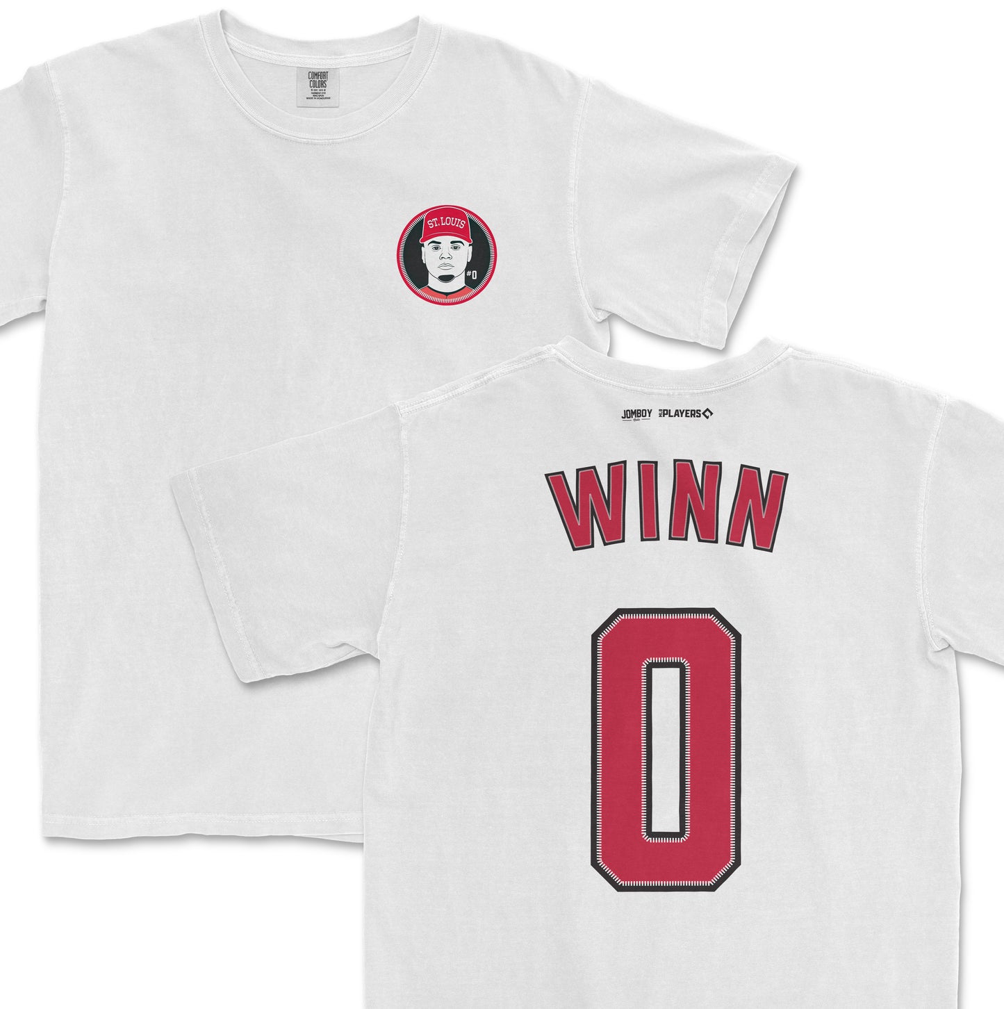 White Comfort Colors tee featuring a Masyn Winn St. Louis baseball shirsey design on the front and back with "WINN" and the number 0.
