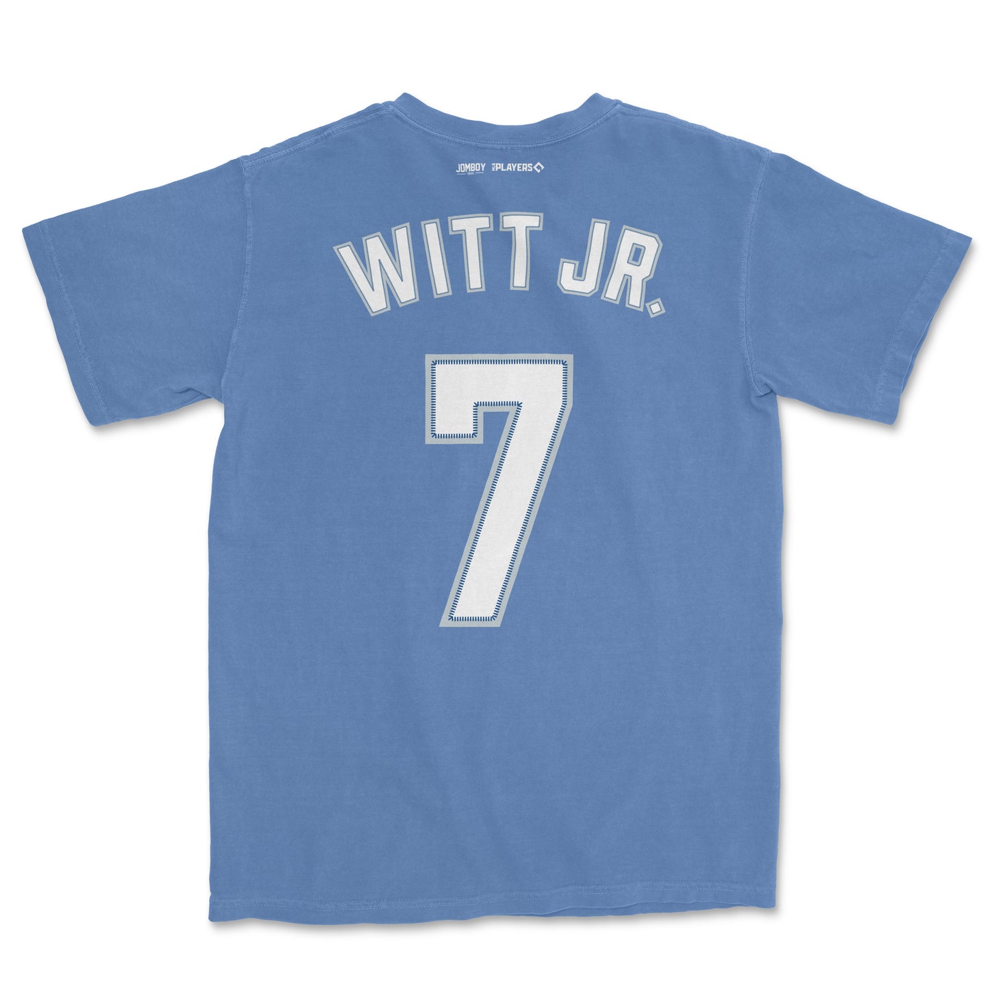 Back of a blue Comfort Colors tee featuring "WITT JR." and the number 7 in white, with small brand logos near the collar.