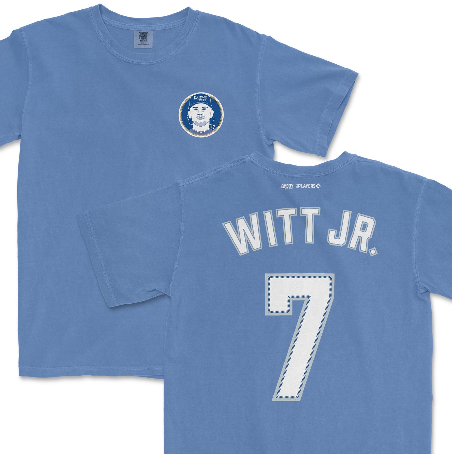 Blue Comfort Colors tee featuring Bobby Witt Jr. Kansas City Royals jersey design with player name and number on back.