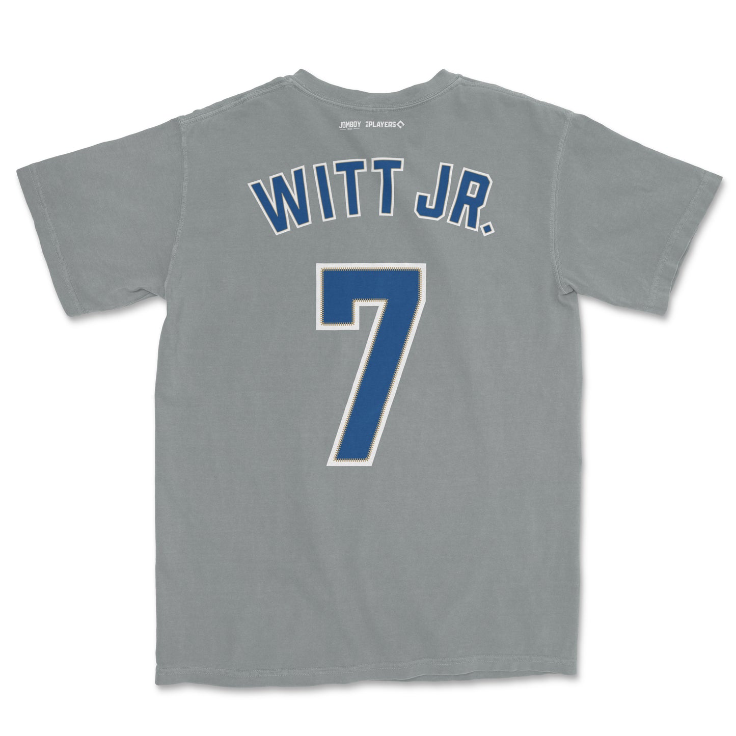 Back of a Comfort Colors tee featuring "WITT JR." and the number 7 in blue and white, with small brand logos at the top.