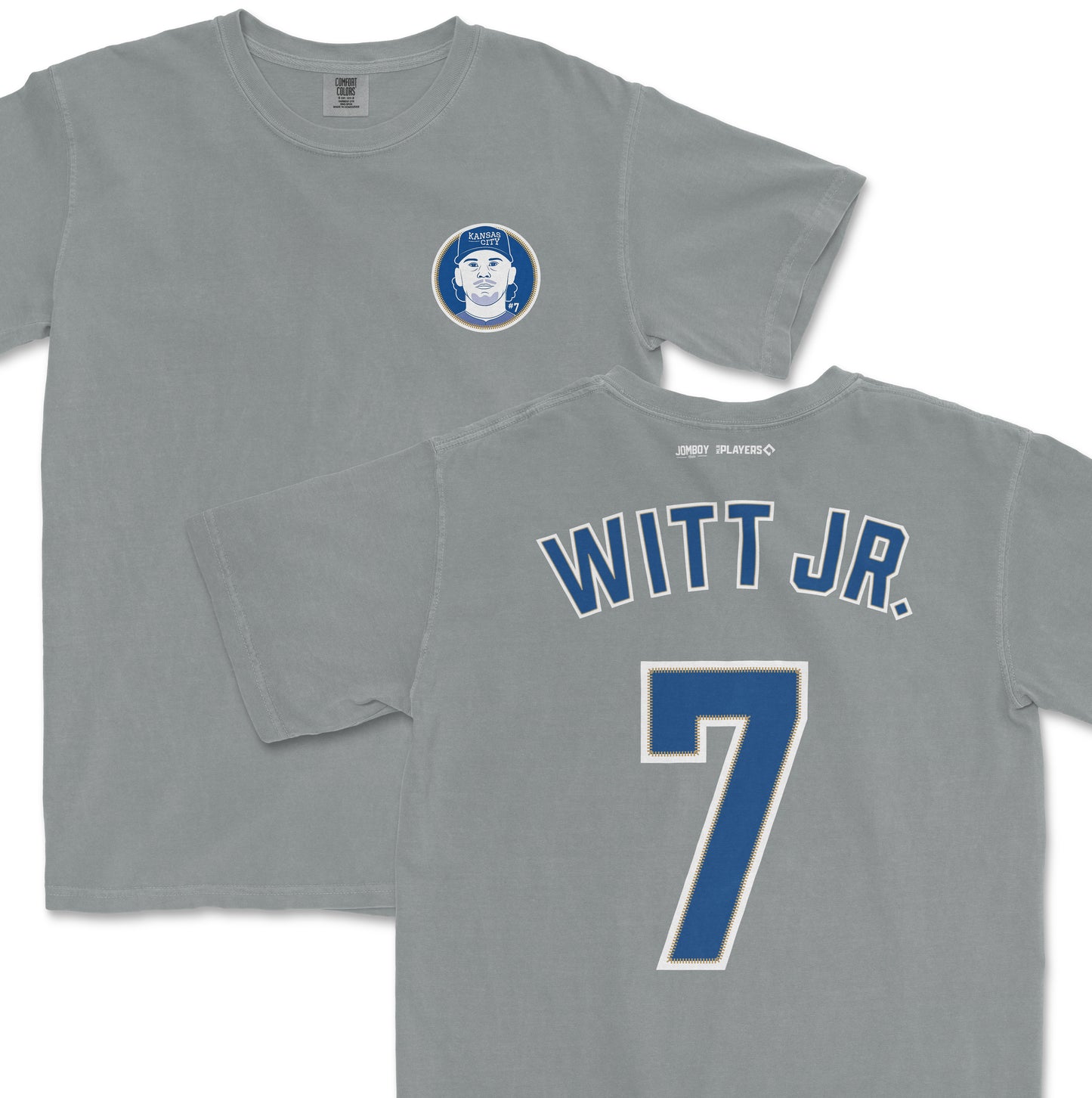 Gray Comfort Colors tee featuring a Kansas City Royals Bobby Witt Jr. jersey design with player name and number on the back.