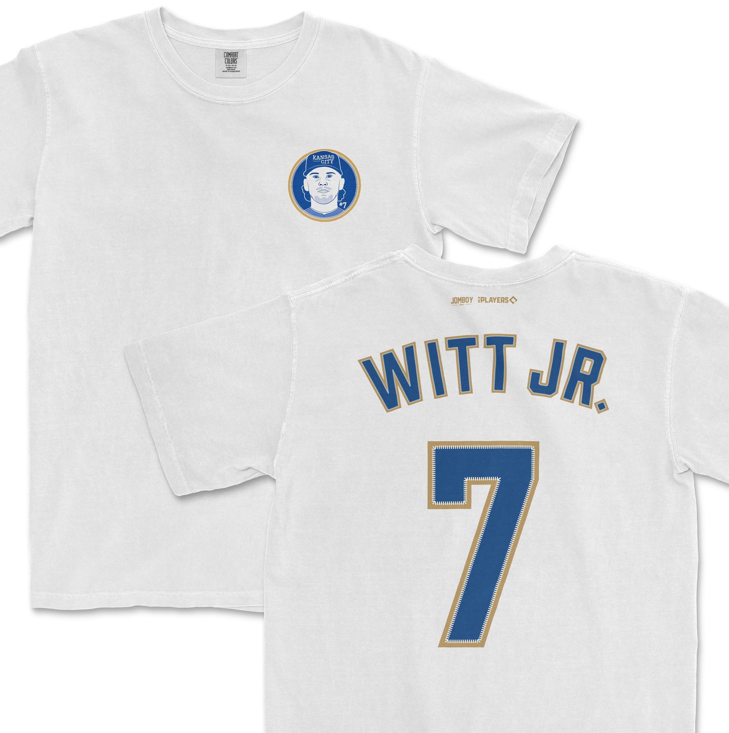 White Comfort Colors tee featuring Bobby Witt Jr. baseball jersey design, with "WITT JR." and number 7 on the back.