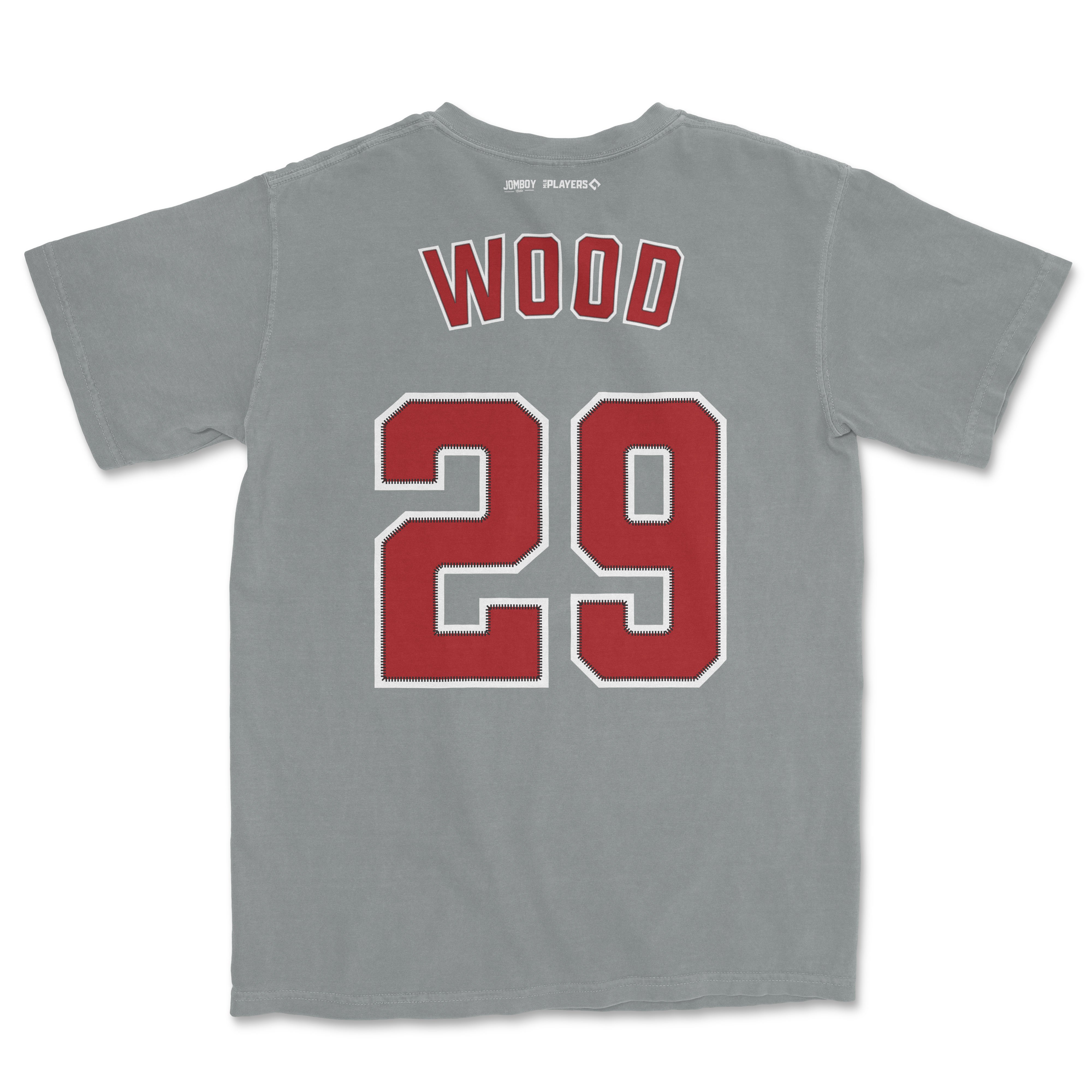 Gray Comfort Colors tee featuring "Wood 29" sports jersey-style design with red and white accents on the back.