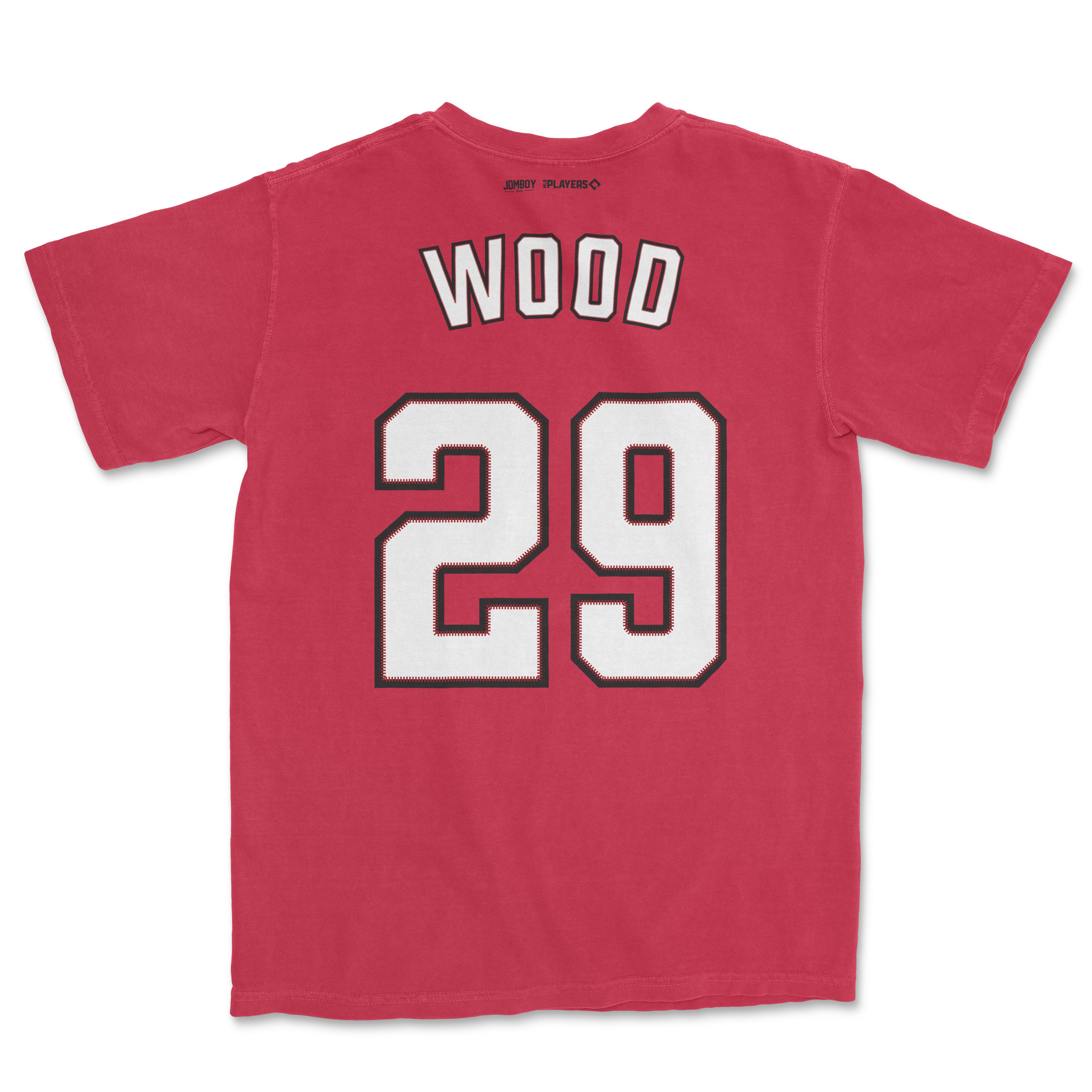 Red Comfort Colors tee featuring "Wood 29" sports jersey-style print on the back with black and white accents.