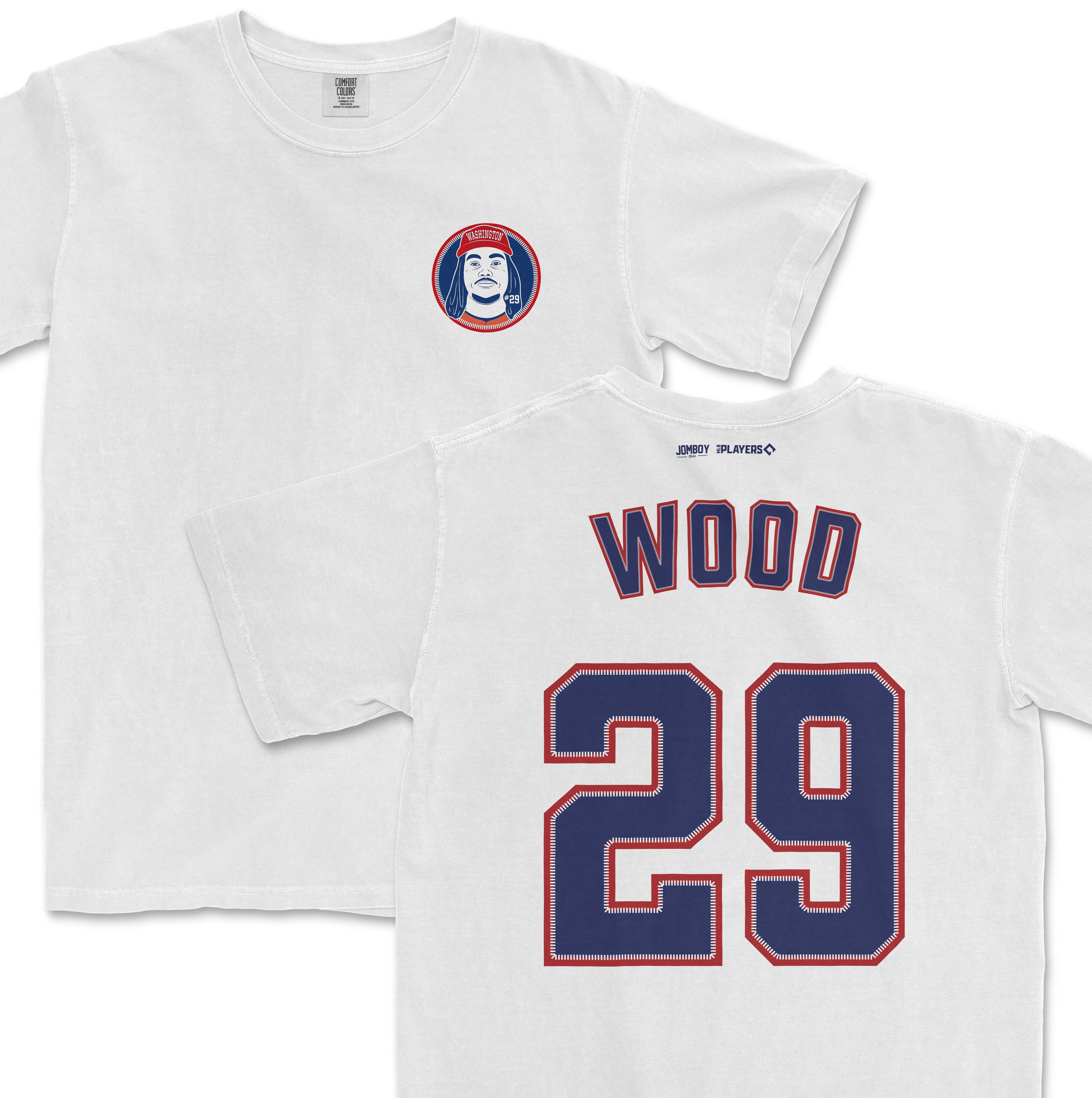 White Comfort Colors tee featuring a James Wood Washington football team logo on the front and "WOOD 23" on the back.