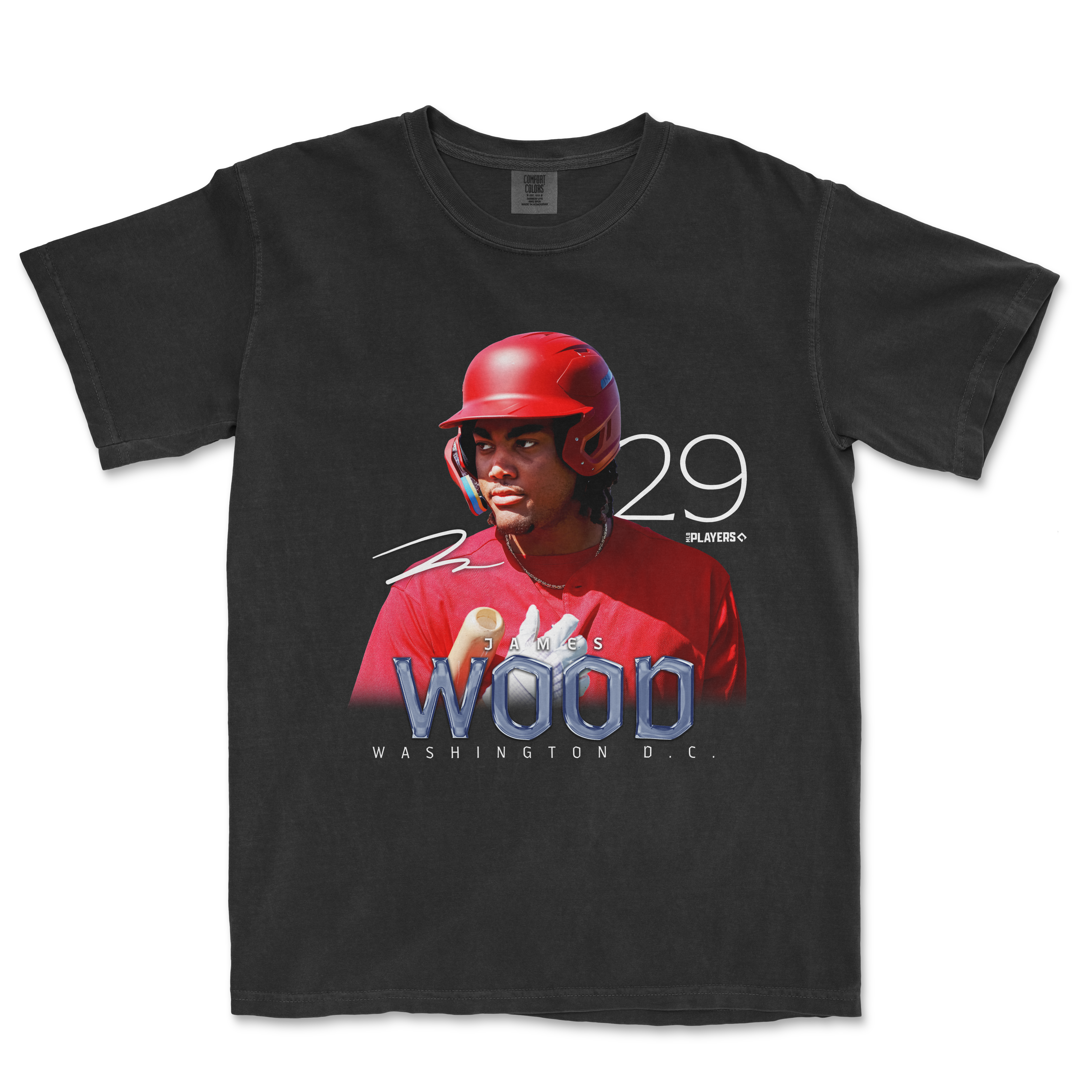 Black t-shirt featuring a graphic of James Wood in a red baseball uniform, showcasing his name and number 29.