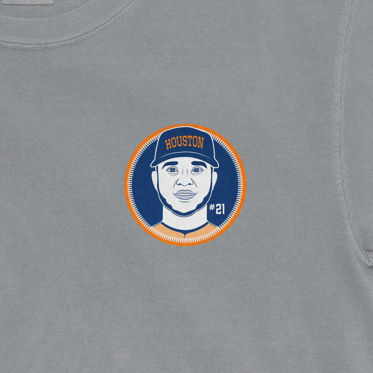 Yainer Diaz shirsey featuring a graphic of a player wearing a cap with "Houston" and the number 21, on a light gray fabric background.
