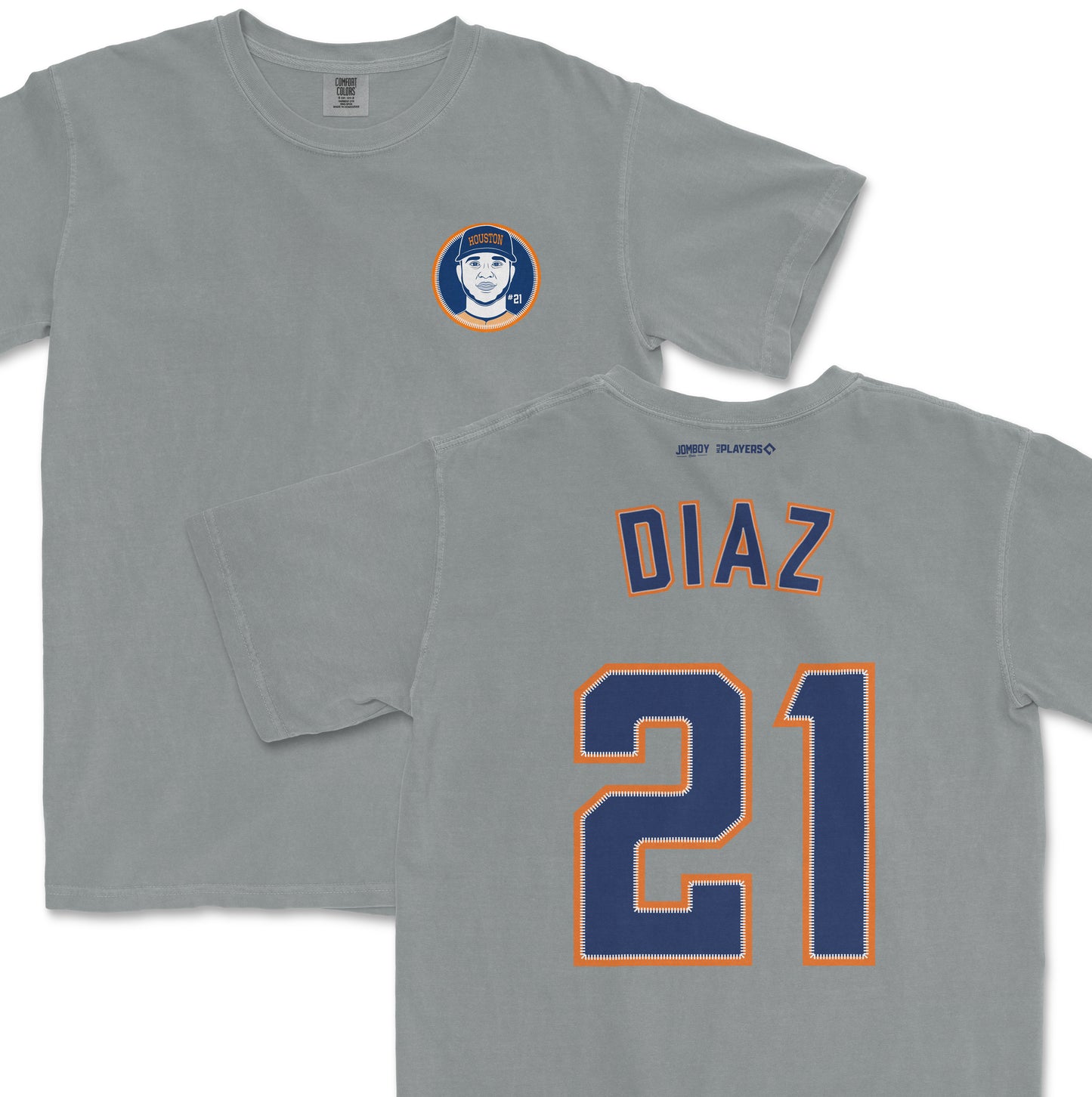 Gray Yainer Diaz shirsey with his name "DIAZ" and number "21" in navy blue and orange, featuring a small Houston logo on the front.