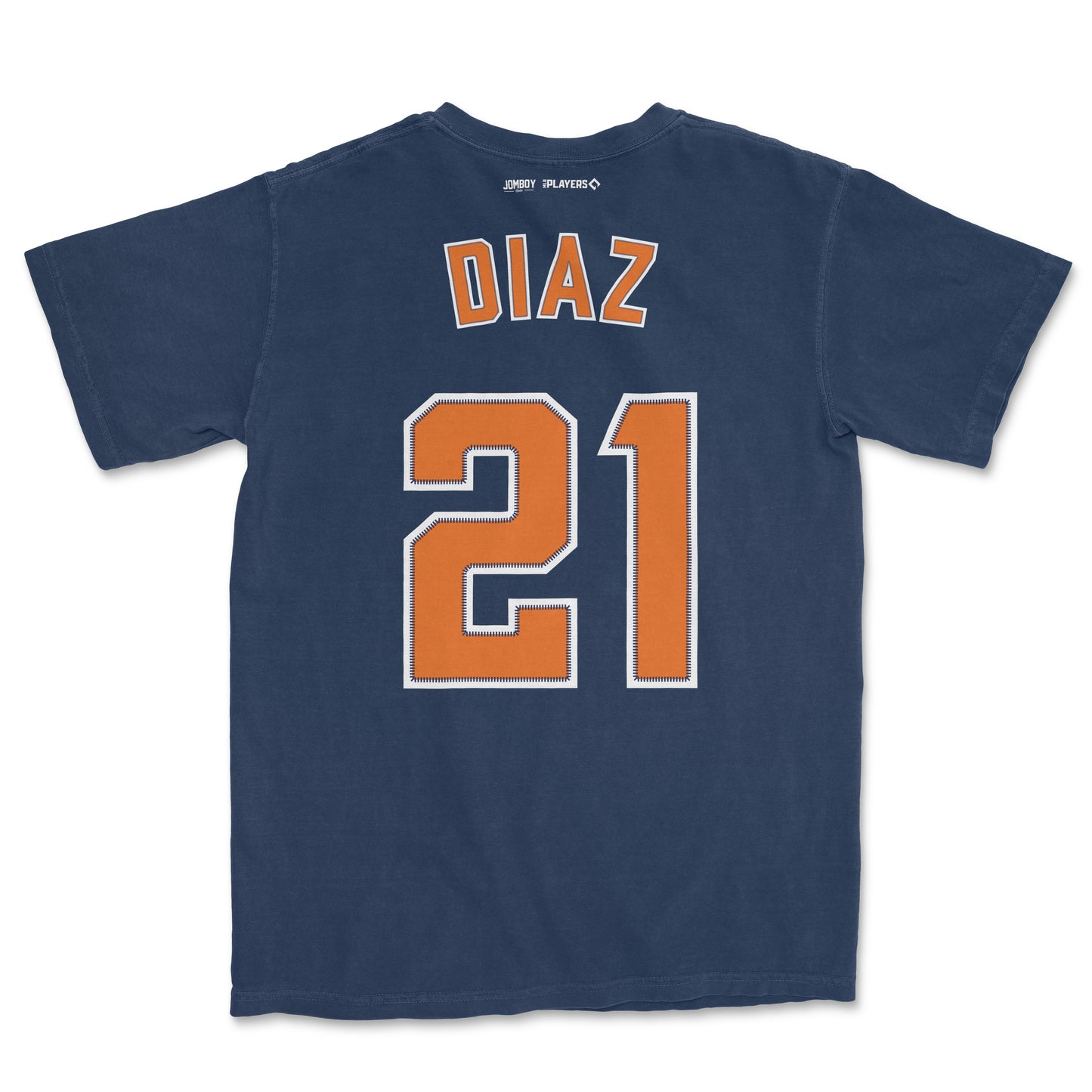 Back of navy blue Yainer Diaz shirsey with orange and white lettering, featuring the name "DIAZ" and number "21".