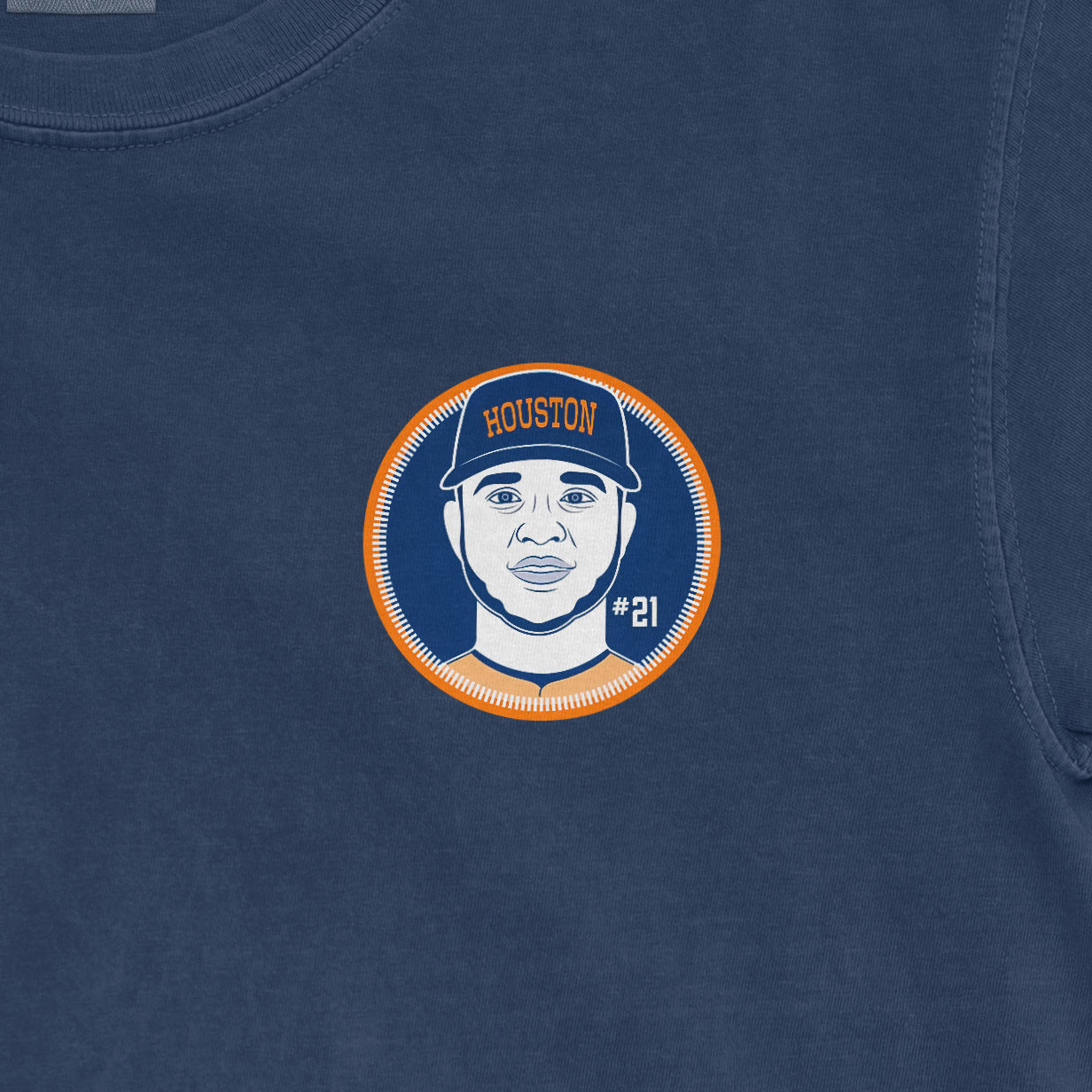 Blue Yainer Diaz shirsey featuring a graphic of a person wearing a cap with "Houston" and the number 21.