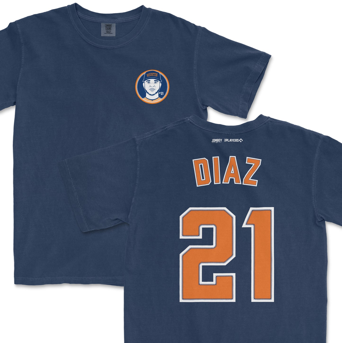 Yainer Diaz shirsey in navy blue with orange and white lettering, featuring his name and number 21 on the back.