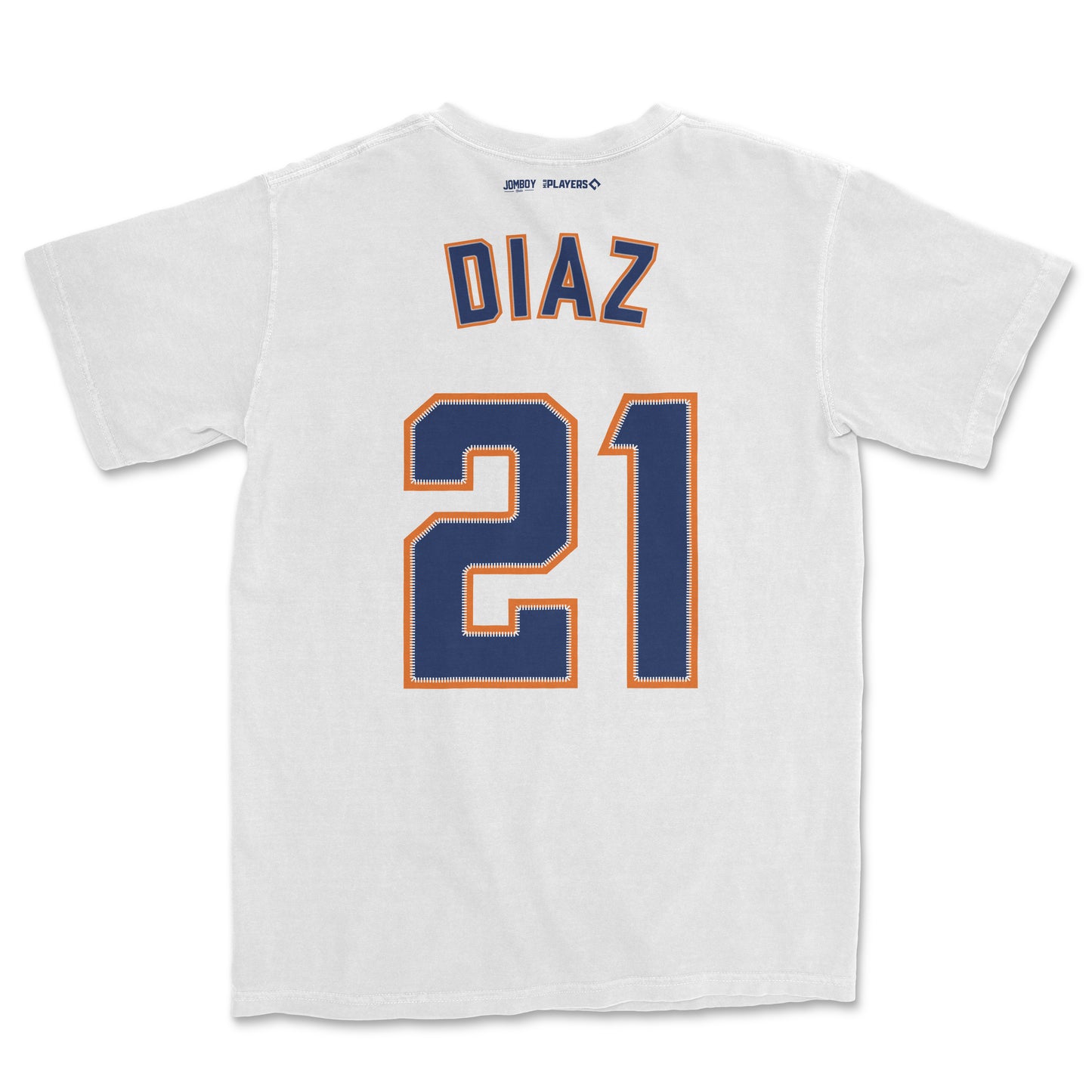 White Yainer Diaz Shirsey with navy blue and orange accents, featuring "DIAZ" and the number "21" on the back.