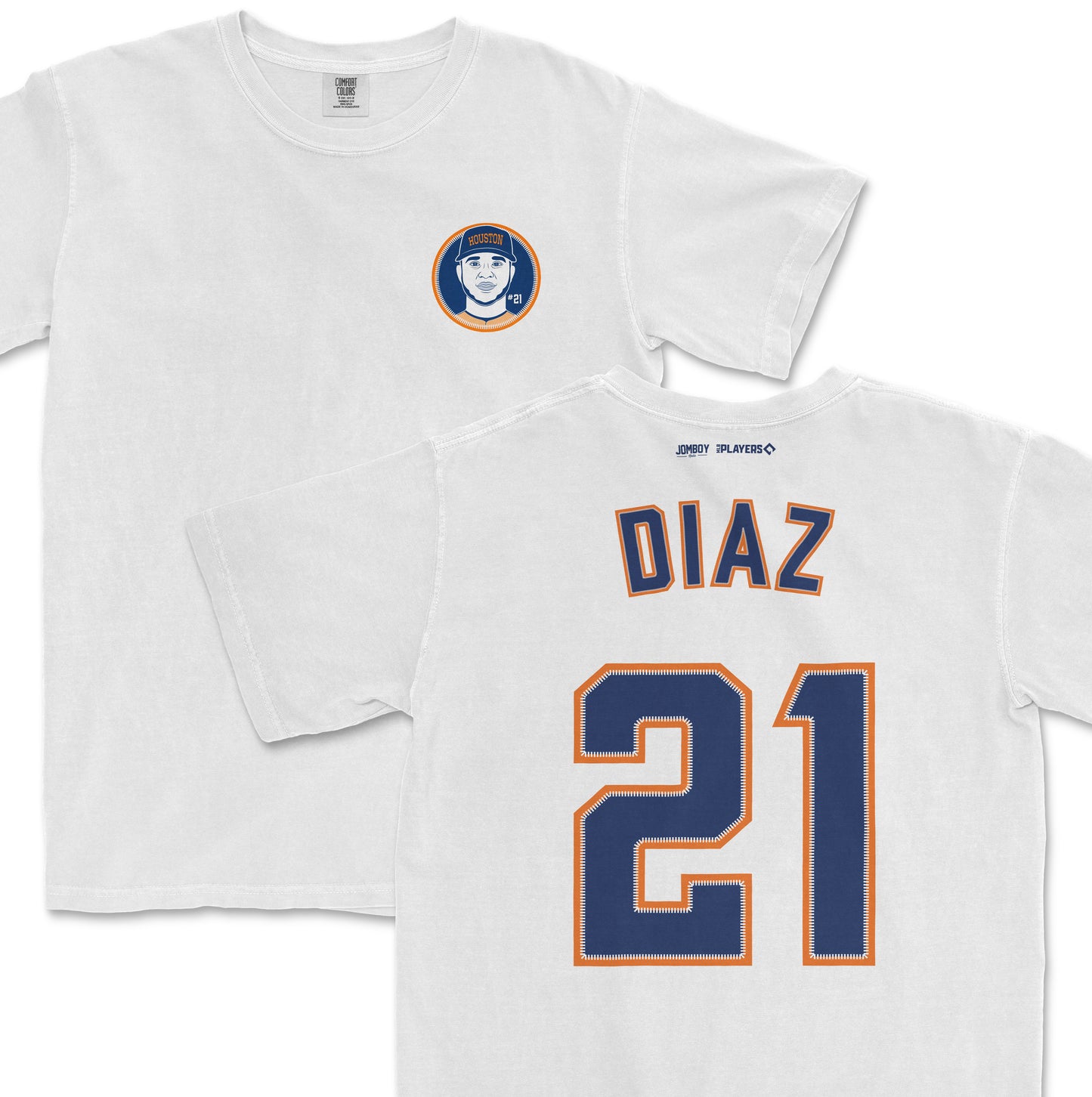 White Yainer Diaz shirsey with navy and orange accents, featuring Diaz's name and number 21 on the back and a logo on the front.