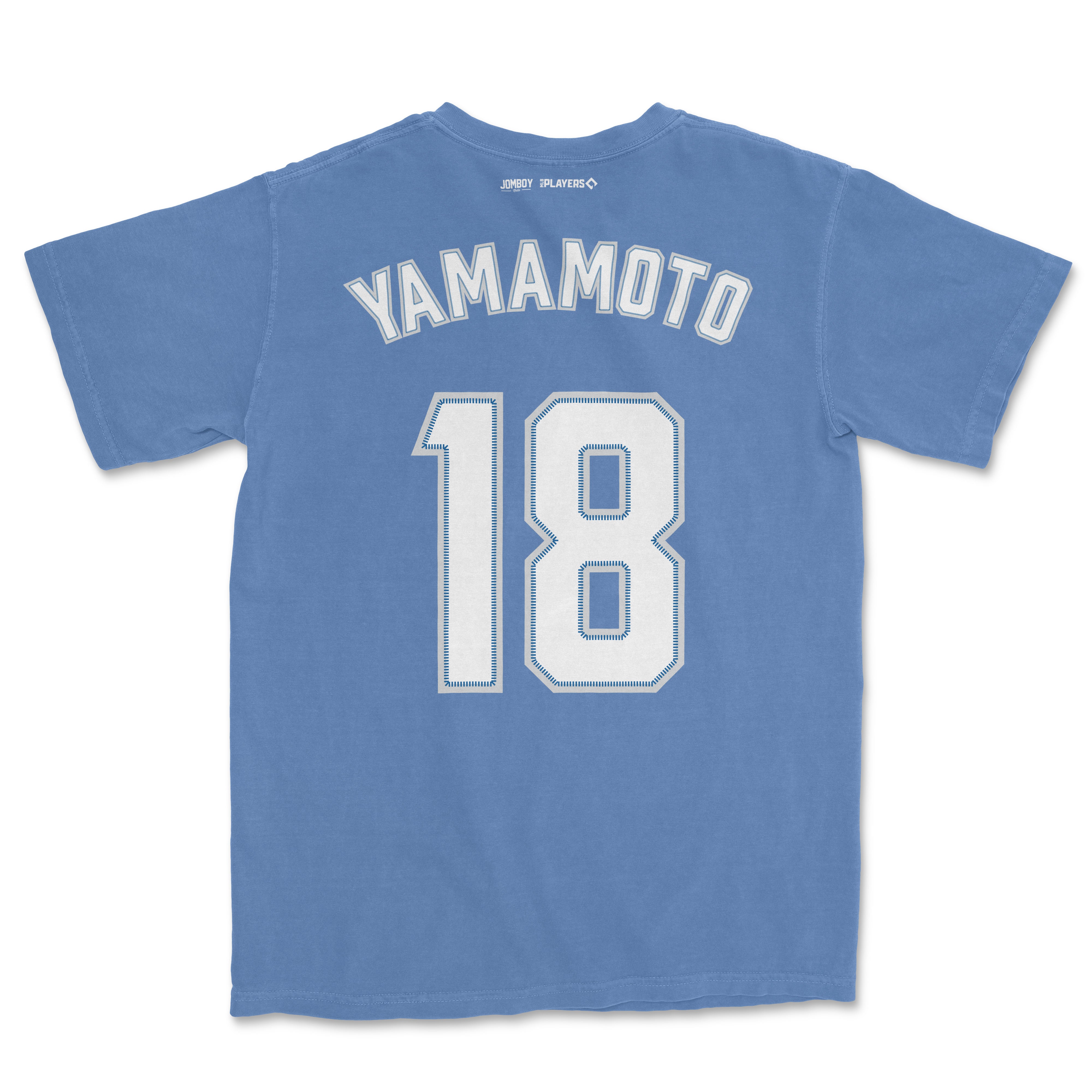 Blue Yoshinobu Yamamoto baseball jersey with "YAMAMOTO" and number 18 printed on the back.
